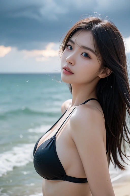 One beautiful girl, Very beautiful detailed face, Laugh shyly, Symmetrical black eyes),  (Tiny Micro Bikini), (Beautiful big breasts:1.3)、Hime cut hair, (Beautiful Face:1.2), high quality, Realistic, Very detailed CG unified 8K wallpapers, Very detailed, High resolution RAW color photos, Professional photography, Realistic portrait, Cinematic Light, Beautiful details, Super detailed, Attention to detail,  Depth of written boundary, Tropical Beach、Pool、Full Body Shot、random sexy posedium hair、Semi-long hair、Has cleavage、Thighs Thighs Thighs Thighs、Beautiful feet、Deep cleavage、KPOP idol faces、Embarrassed face、(最high quality, 4K, 8K, High resolution, Tabletop:1.2), Super detailed, (Realistic, Realistic, Photorealistic:1.37), (Beautiful details eyes, Beautiful details lips, Very detailed目と顔), Vibrant colors, (big , Super huge , Super big, Glamorous Body), (Long black straight hair, Shiny Hair, Shiny skin),Ocean View Room