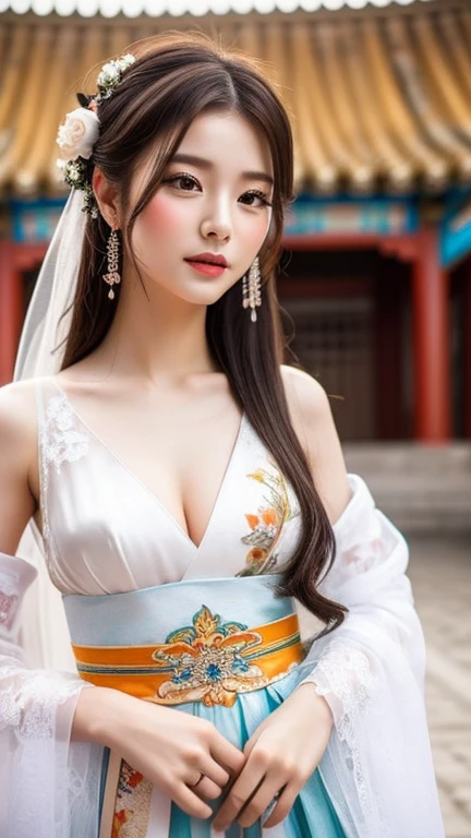 A hanfu-clad girl with semi-transparent attire, showcasing her ample breasts and detailed gold embroidery. She is enveloped in a misty aura, adding a naive and dreamy quality to her kawaii appearance.