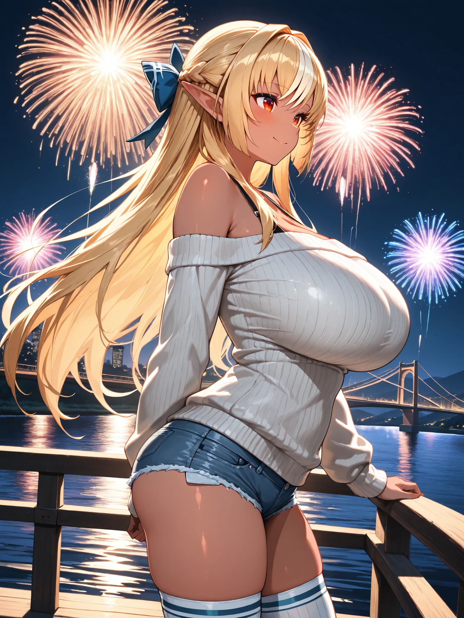 1girl,cowboy shot ,fireworks,evening,origen,tmasterpiece,The kinky exposed ,(Surreal breasttremely full breasts)),((Super large)),Big breasts Thin waist,(((Extremely large breasts))),worried expression,seductiv,High detail,hyper qualit,high resolution,8K,8k smooth,(reality: 1.2),(Highly realistic, Ultra-realistic, photograph realistic),(Realism: 1.2),Mature woman,Solo,(Perfect feminine curveig breasts:2),(Huge breasts:2),(gigantic cleavage breasts:2),(Large breasts:2),(Bare tits:1.4),(chiseled abs : 1.1),Nice strong legs,(Curvy:1.1),Narrow waist,(gigantic hip:1),(Thick thighs:1),(Thick legs:1)