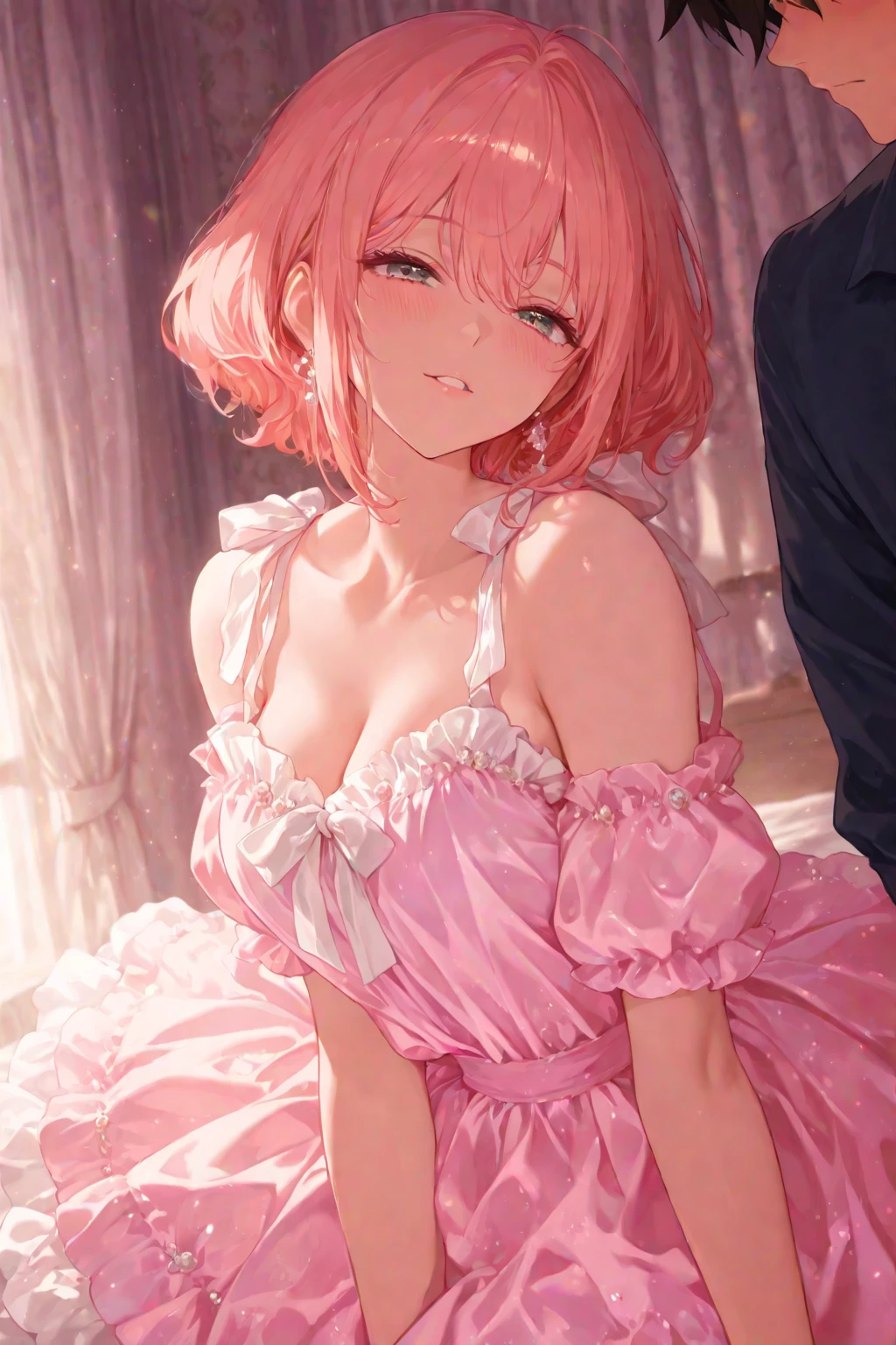 (masterpiece, best quality), super high resolution, (Top Quality photorealistic Illustration), (Super Definition), (cute illustration:1.3), (high Saturation:1.2), detailed beautiful face and eyes, very detailed background, dynamic lighting, (an extremely delicate and beautiful), nice hands, perfect hands, (appropriate posture), (appropriate configuration), ideal ratio body proportions, ((1girl)), solo,

 (sitting), (front view:1.2), from above, dynamic angle, (close-up upper body), party venue
, tapestries and artworks, (night:1.3), BREAK, (manga style),(line art_animation),(cowboy shot, best quality, ),(photo of Laura Budd:1.2),(Laura adding details:1.0),8k, flat color:0.8,1 girl,smiling,(white babydoll, bedroom background,1.5),bob cut dark pink hair, beautiful detailed pink eyes, junior high school student, ,medium breasts, glamorous,Big Breast, holding a bouquet of roses