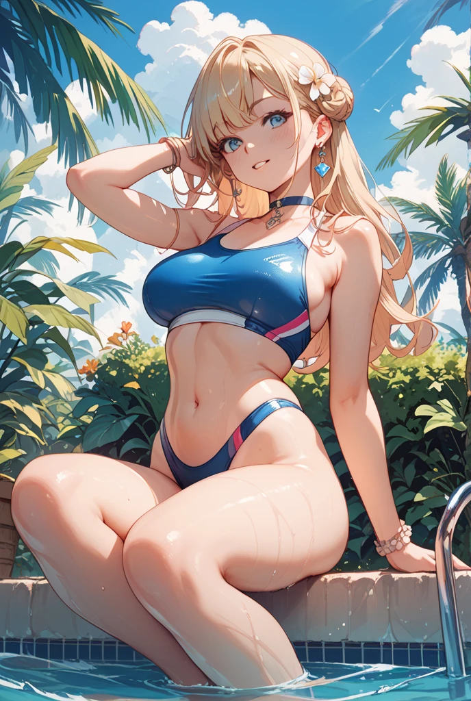 ((masterpiece)), (best quality), official art, extremely detailed CG, unity 8k wallpaper, ultra detailed,
yariko, 1girl, solo, long hair, large breasts, twintails, jewelry, earrings, full body,
Plunge Bra,
Timid,
poolside,
<lora:artkoikoi_yariko:0.8>