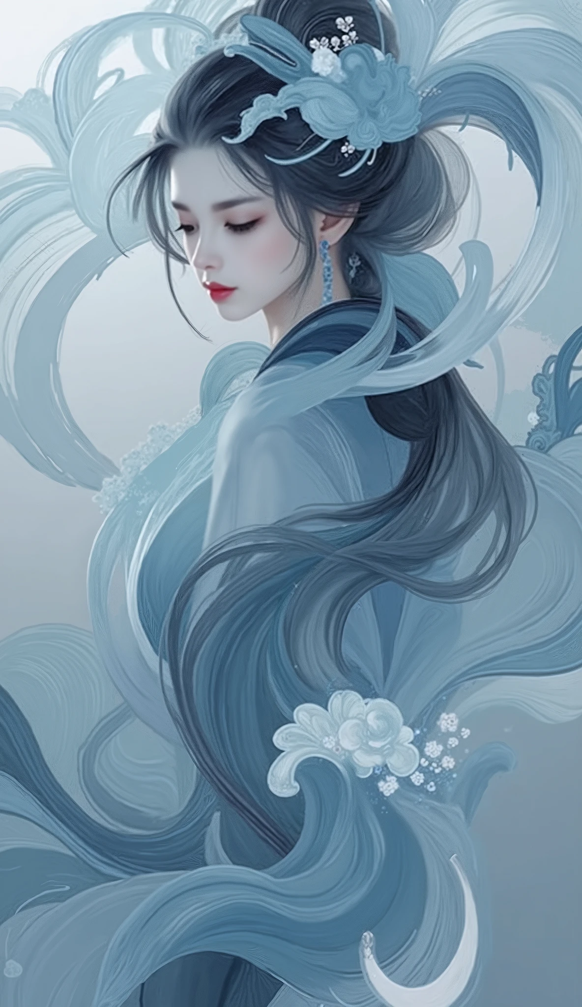  dis211.a painting or illustration that combines elements of both photography and painting. It features a stylized depiction of an asian woman with flowing hair, set against a backdrop of swirling water splash and waves. The gotteslike woman's serene expression and elegant attire suggest a sense of tranquility and beauty. The artwork uses a monochromatic color palette dominated by shades of blue, creating a calm and ethereal atmosphere. The intricate details of the waves and clouds, along with the subtle use of light and shadow, enhance the overall depth and texture of the piece. The composition is balanced, with the woman positioned centrally, drawing the viewer's eye to her peaceful expression. The artistic elements, such as the fluid lines and organic shapes, contribute to the dreamy and surreal quality of the artwork.