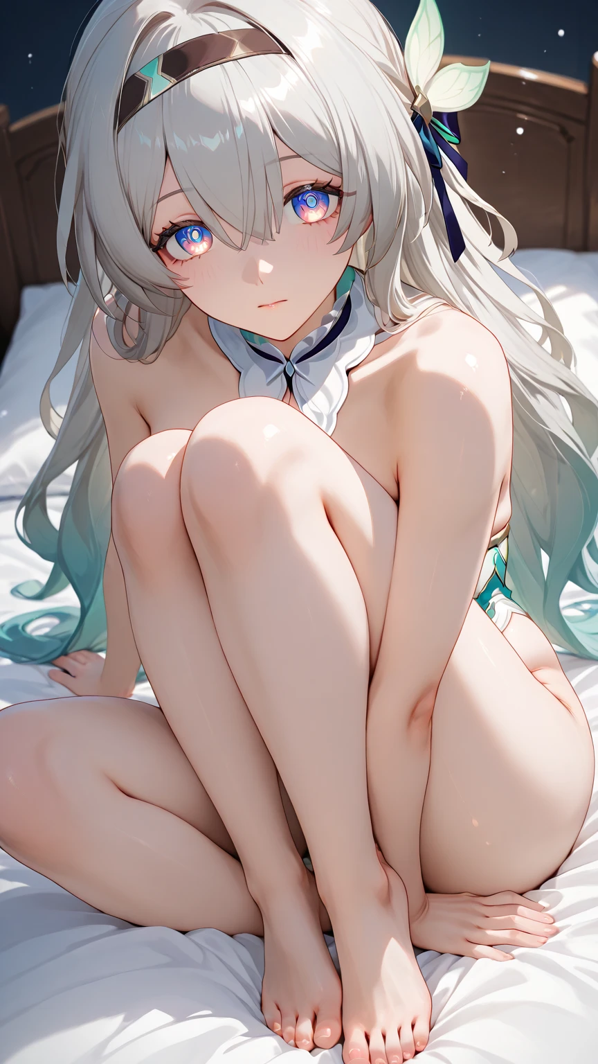 (masterpiece, best quality）a girl，（（spread legs)）），blush，（（Completely pure white bikini）），Sweated a lot，Bikini half-covered，small breasts，Lying on a pure white bed，detail，（Completely soaked，completely wet），Awkward，surprise，Extreme shyness，doubt