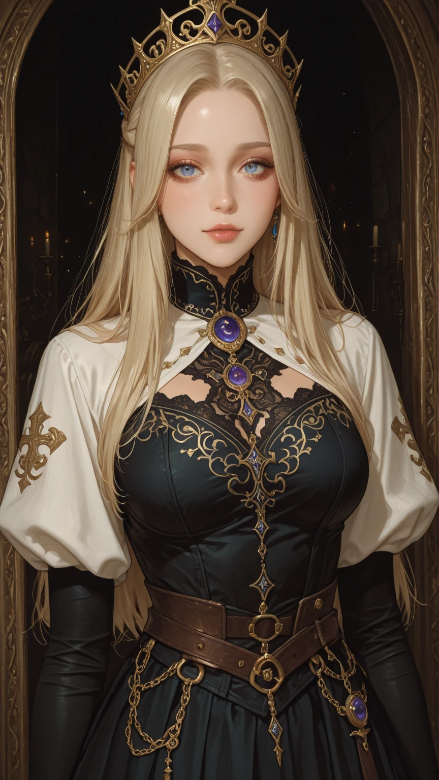 8k,Ultra-high resolution,((Best image quality)), ((masterpiece)), (Attention to detail:1.3), Jeanne D&#39;Aak,Paladin,blue eyes,Red hair Perm Blue hair,Woman in black armor(精密な金色のPaladinの紋章の細工)、Cleavage,We paid special attention to the decoration of the chest armor...、Beautiful expression,charm,sexy,so beautiful(Like the real thing),Carry a big, long sword,smile,Luxury black pants,Blue and black shoulder pads,Blue-black armor,Blue-black leg armor,masterpiece,Photorealistic RAW photos of the highest quality。Bright colors,Rich colors, Backlight, Cinema Lighting, Film Grain, to be born, 50mm lens, Nikon D850,Realistic Skin,Fantasy art,Character Art,Ultra-high resolution,大きなsmile,