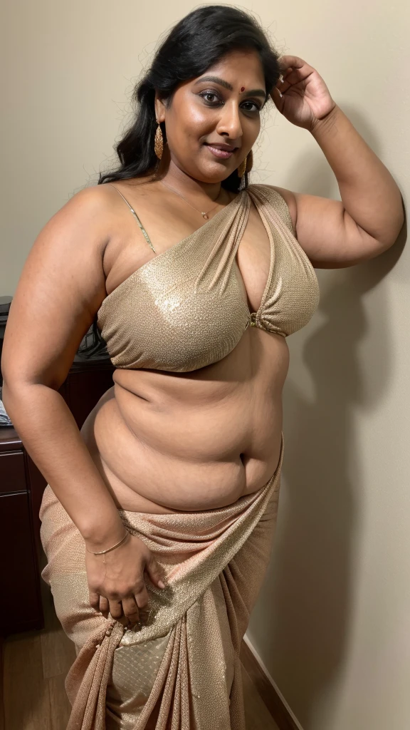 ((Indian 45 year old milf)), standing ,curvy round cheeks, ((having big perfect round ,big thick ass,having hour glass figure)),((facing camera)), ((Wearing pink saree blouse with white pallu wrapped exposing cleavage )),((perfect round big boobs)),((black messy bun hair)),((wearing earrings and chain, bangles)),((4k quality,realistic masterpiece enhanced alluring high quality)),(voluptuous curvy body)), ((perfect hands)), ((perfect legs)), ((perfect fingers)), ((smooth skin)),((in a plain colour background photoshoot)),looking at camera,sensual expression