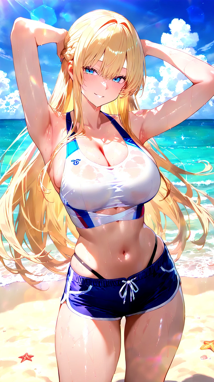 Girl, Big Breasts, Blonde, Long hair, White bikini, Smile, Ocean, Front view, Upper Body,