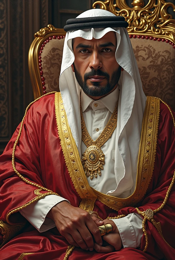 An Arab sultan with a flaming glass of wine like a ruby in his glass, sitting in his Arab Palace