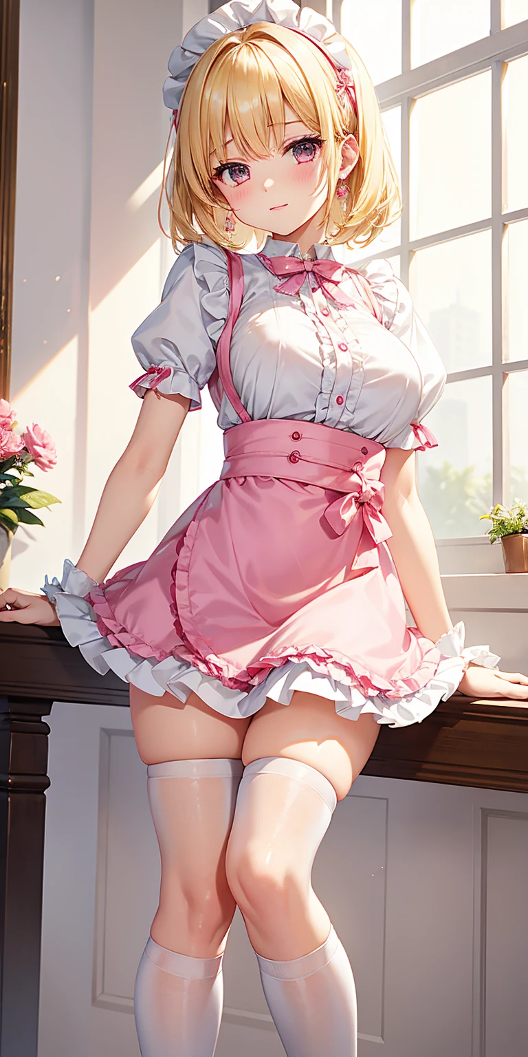 (masterpiece、Highest quality)、(Photo Real:1.4)、 Mature Woman, Beautiful thighs、Front view、1 Girl、30 years old、Perfect Face、Symmetrical cute face、(Random hairstyle、blonde)、Big eyes、Long eyelashes、((expensive))、Beautiful Hair、Beautiful Face、Beautiful and beautiful eyes、Perfect proportions、Beautiful breasts、Beautiful feet、Beautiful fingers、((High quality fabric、Pink nurse uniform、Skirt flip))、(To the hospital)、Are standing、 (smile), (((Skirt lift with both hands、Panties and pantyhose are visible)))