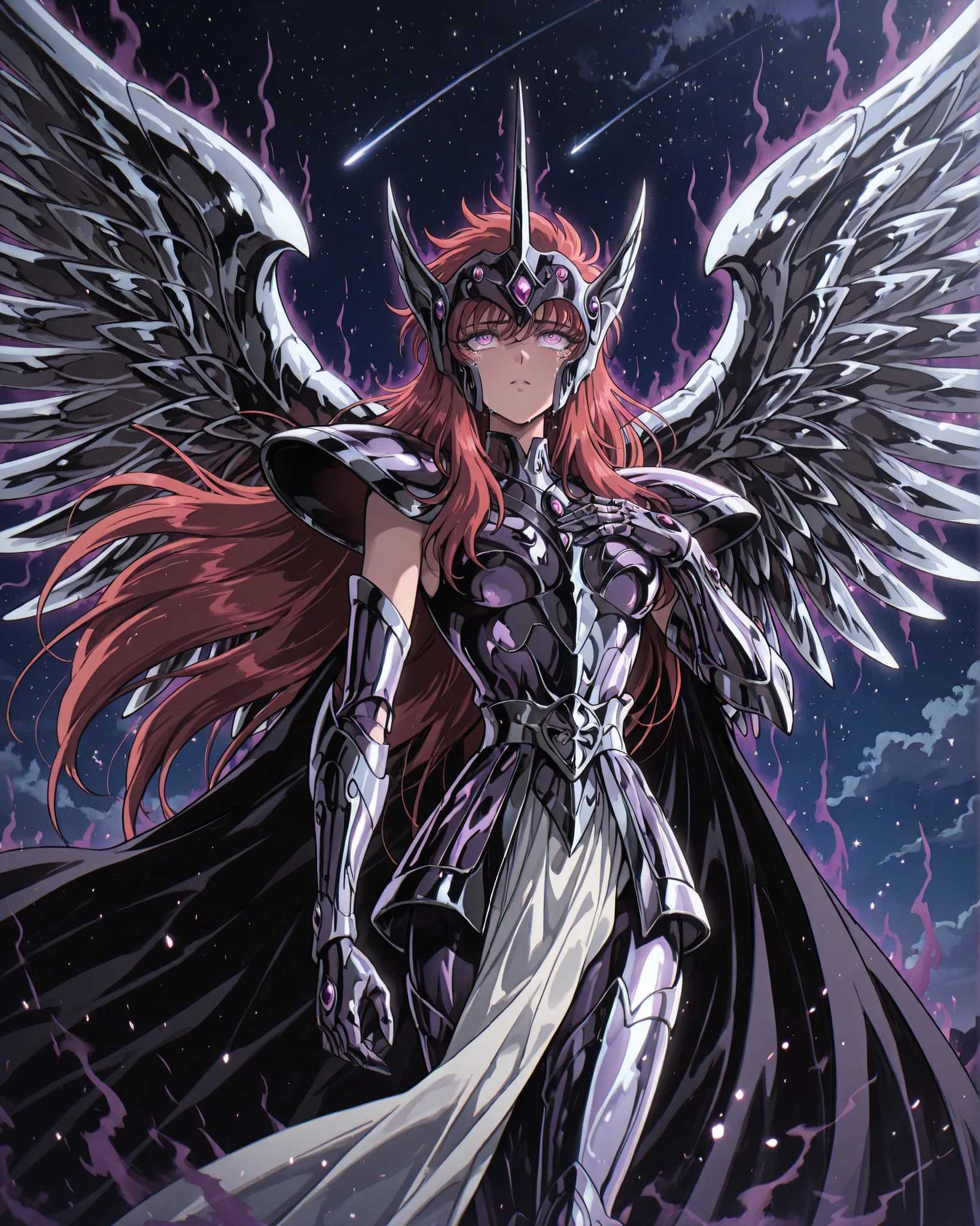 side angle, {1woman}:(a beautiful and attractive woman, with a sensual body, expressive purple eyes, long red hair, wearing the Gryphon Surplice from Saint Seiya, the armor is sinister and elegant, jet black with deep purple metallic highlights, decorated with sharp, curved and pointed edges, the chest plate features a griffin motif with outspread wings, the shoulder pads are large and imposing with sharp angles, and the helmet covers most of the face, leaving only the eyes glowing menacingly, the armor radiates a dark aura, with intricate engravings and gothic patterns, dark cape fluttering behind, fluttering with otherworldly energy, standing with one hand on her chest, sad gaze, tears streaming from her eyes, looking up), neutral background, night sky with a lone shooting star, perfect lighting creating shadows