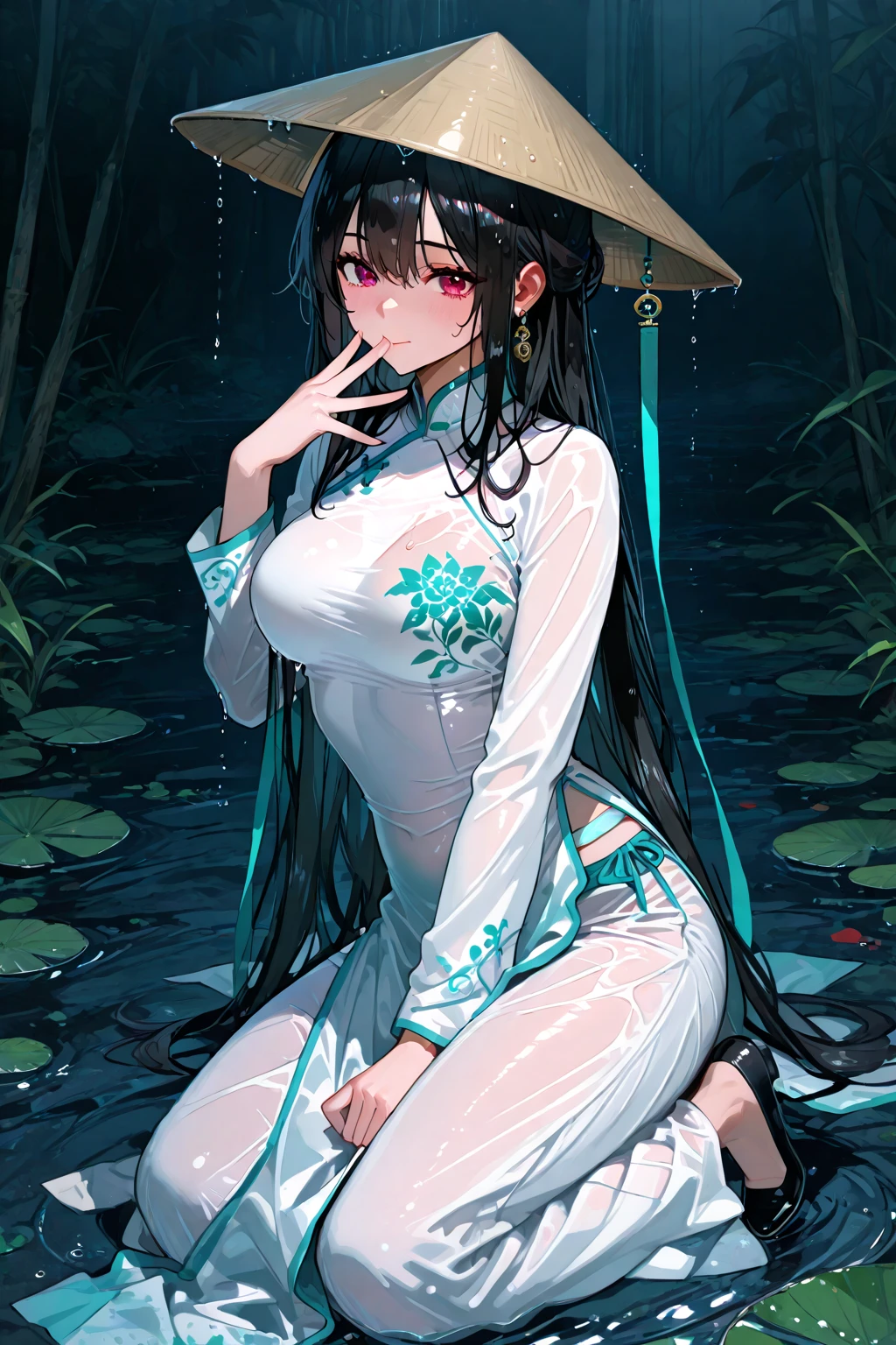 (best quality, detailed background, highres, absurdres, bloom, disheveled hair, shiny hair, exposed in lighting, bright pupils, dedicated detailed eyes), 1girl, , long hair, large_breasts, daytime, outdoors, forest, water, creeks, hair_ornament, large_ass, big_hips, black hair, visible vagina, aroused, black and gold robes, black turtleneck, gold earrings, wet hair, wet clothes, visible nipples