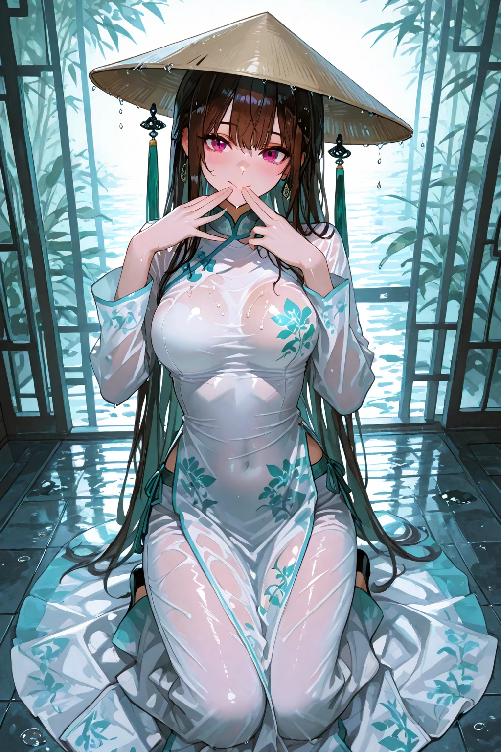 tmasterpiece、need、1female、Blue cheongsam，Ancient style China、 White cloth is good, good, good、brunette color hair、Shoulder leakage、The chest is large、chubbiness、ssmile、white colors吊带裤袜、lace leggings、white colors、pale pink lip、Spring water，hot springs，Pose in the water，playing water，（drenched all over the body，Pink breasts，Pink tits，Pink），secretly underwater，legs are open，，，Confused eyes，One leg up，One word horse，1 rapariga, 独奏, white colors Polo 衫, white colors运动鞋, 
, white colors迷你裙, (shiny skins, perspired:1.4), looking at viewert, with short black hair, A high resolution,(Bigchest:1.6),(Thigh thick:1.0),luring,sky sky，ultra - detailed，tmasterpiece，Best quality at best，blush blush，Yazawa Nico,red eyes, face flushed,Blunt hair,On the ground, chubbiness，ssmile，both hands on hip，Frontal viereet，Flower headdreslack suspender tights，dance