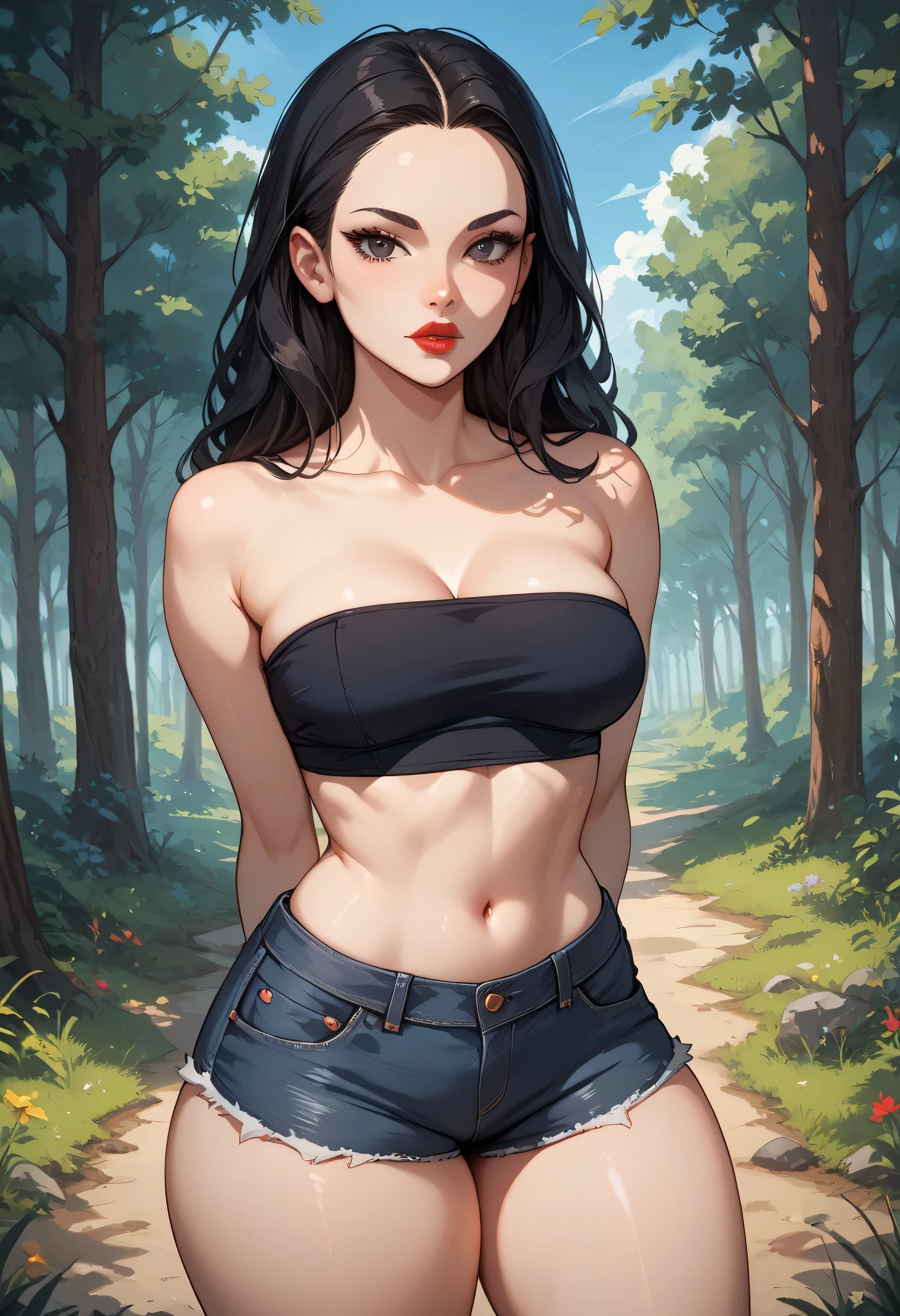 (Perfect Body), (Skin Tone), Black Hair, (Long Smooth Hair), ((Forehead)), Black Thin Eyebrows, Black Eyes, Thick Lips, Red Lips, Collarbone, Cleavage, (), (Dark Blue Tube Top), Navel, (Thick Thighs:1.4), (Black Denim Jeans Short Shorts), Standing, Arms Behind Back, Looking At Viewer, Forest Road, Blue Sky, Grass