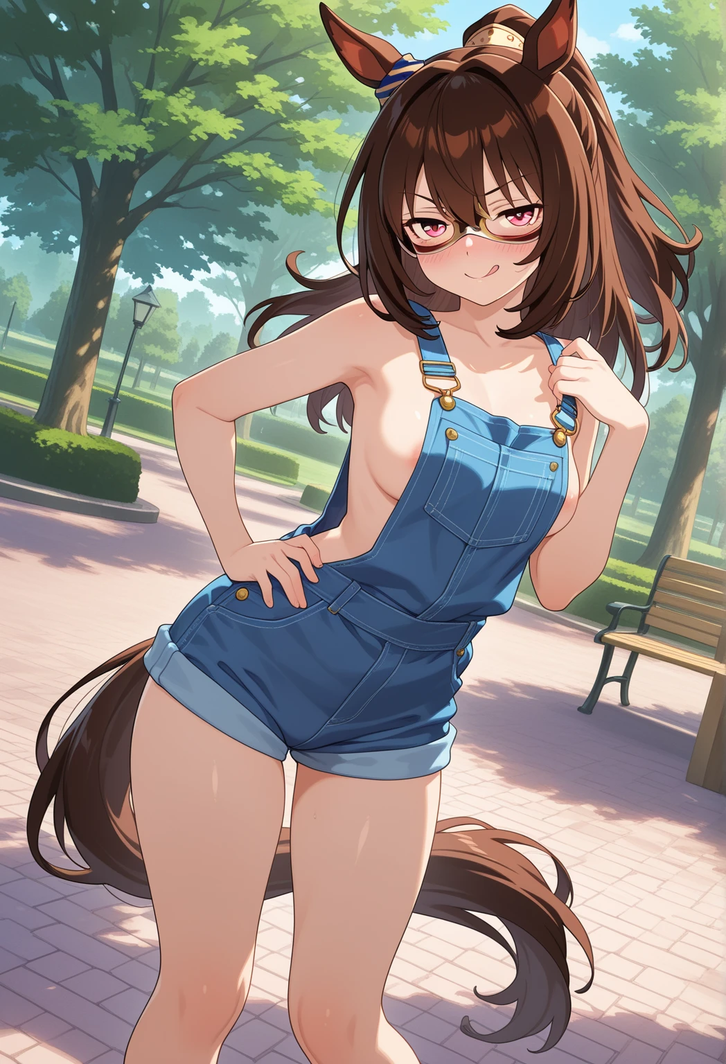 Highest quality,masterpiece, Highest Resolution, 1 girl, 1 boy, nsfw, full naked,outdoor, city, pink nipple, blush,penis in pussy, horse ears, horse tail