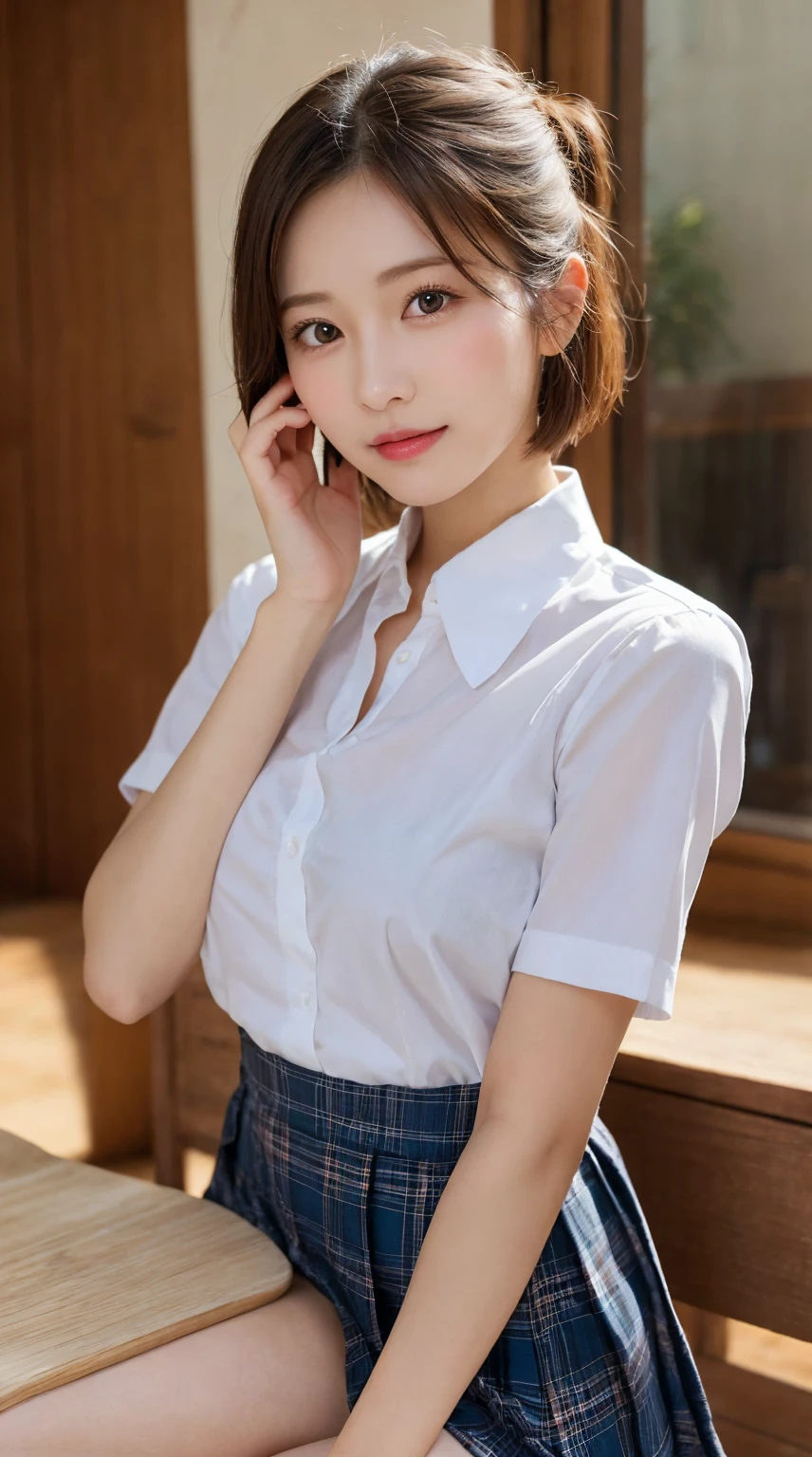 (8k, RAW photo, best quality, masterpiece:1.2), (realistic, photo-realistic:1.37), ultra-detailed,
1 girl,cute, solo,beautiful detailed sky,detailed cafe,night,sitting,dating,(nose blush),(smile:1.1),(closed mouth),large breasts, seductive smile, large aparture, professional lighting, Sony A7R4, Zessie 50mm F1.8,
medium breasts,beautiful detailed eyes,(collared shirt:1.1), bowtie,pleated skirt,(short hair:1.2),floating hair, (All fours:1.3)
