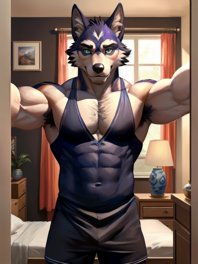 bara extremely handsome white tiger furry leaning on wall wearing only tight purple colored boxer briefs, tall, massive pecs, broad shoulders, sultry gaze, purple eyes, smirking at camera seductively, sultry teasing gaze, one hand on his thigh near his bulge, running hand through hair, long legs, looking at viewer, huge bulge, bedroom, sunlight casting over,Bara, Furry, dynamic shading