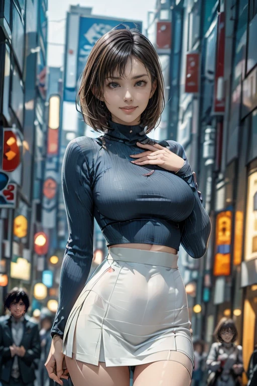 (Photoreal:1.4), (Super detailed), (highest quality), (best shadow), (masterpiece), ultra high resolution, 1 Ultimate beautiful mature woman, highly detailed face, (perfect teeth), fine eyes, double eyelid, eyelash, lip details, short black hair, (light purple fancy blouse:1.2), (red tight mini skirt:1.3), light pink panties, (big breasts), grin and laugh, thighs thighs, Depth of written boundary, perfect lighting, With background: (Tokyo Ginza street)