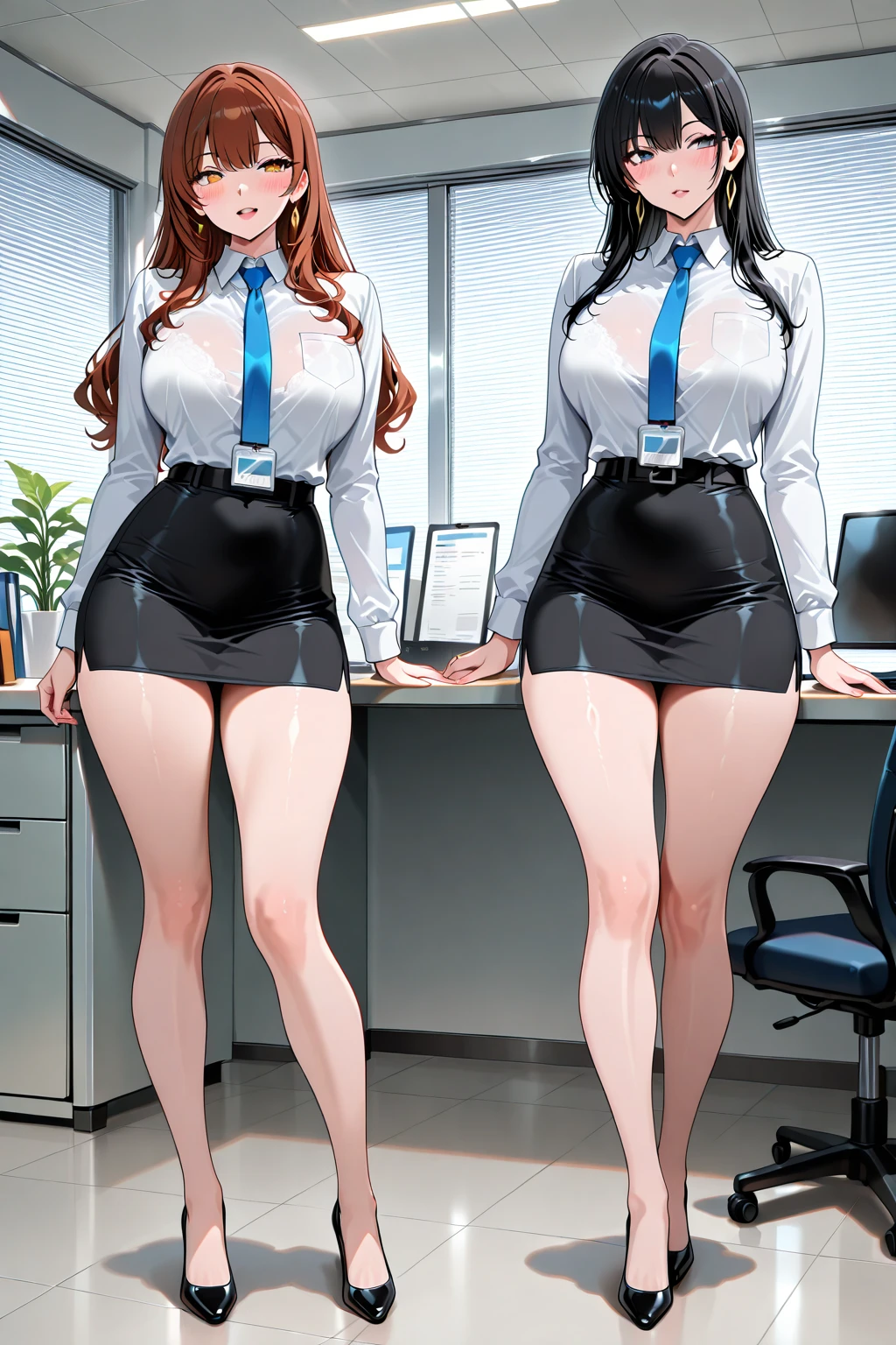 Full body photo of a beautiful sexy secretary in a miniskirt and seam stockings, fully standing, ((solo)), adult, in the office, high heels, craving, sweaty, seductive, wet, (huge breast: 1.3), blushing, thin waist, hands behind the back, hands blocked, breast out, liquid, mucus, runny, runny,