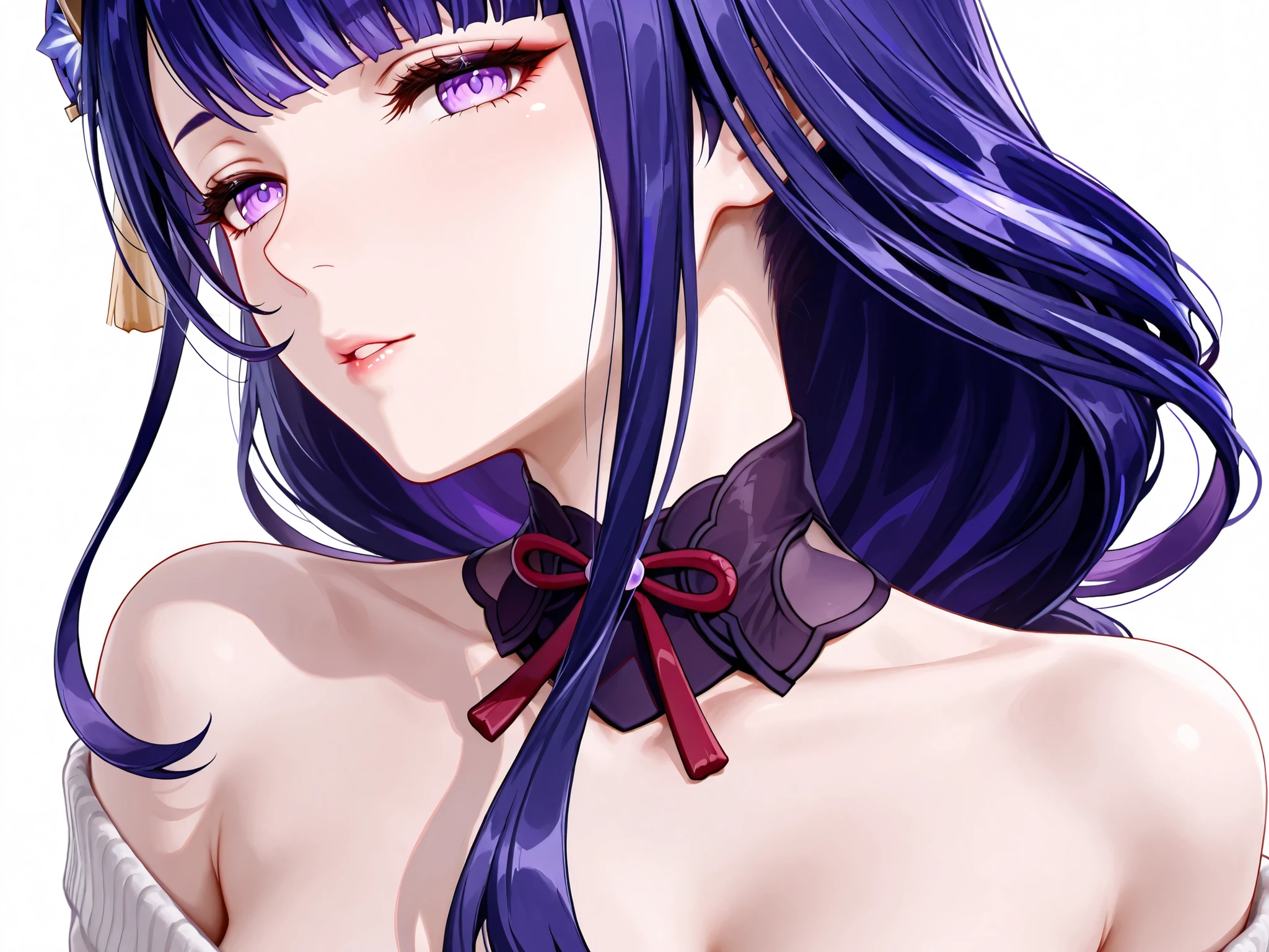 Raiden Shogun, upper body portrait, from neck up, beautiful face, seductive eyes, mature and married woman vibe, wearing a tight sweater, off shoulder sweater, sexy and elegant, detailed, genshin style, white background