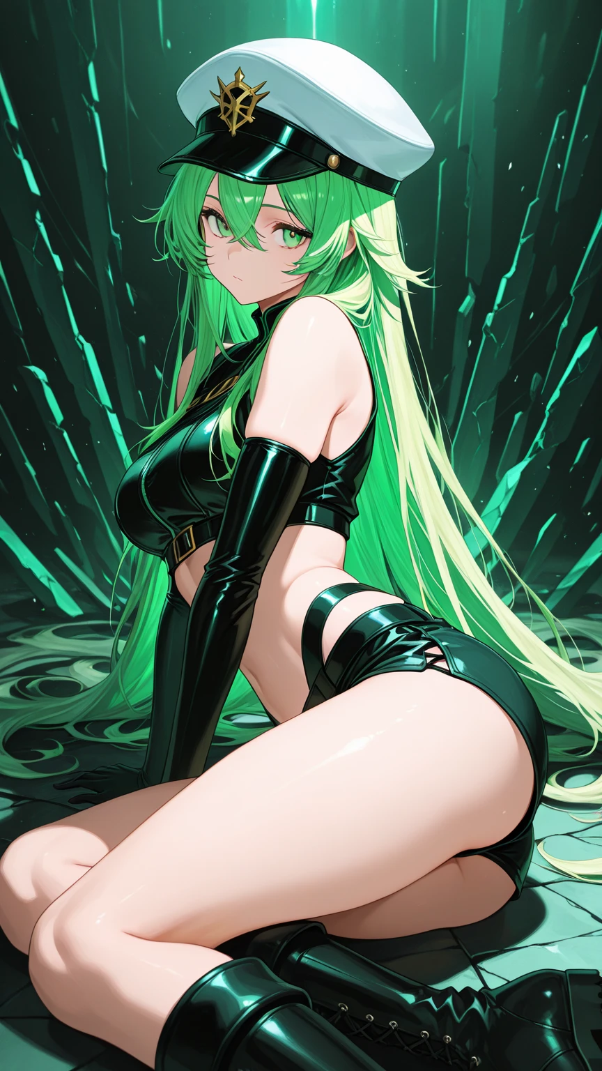 A girl,(anime),(hot),(young),(beautiful),(long green hair and green eyes and white skin),(super mega busty and with a big ass)