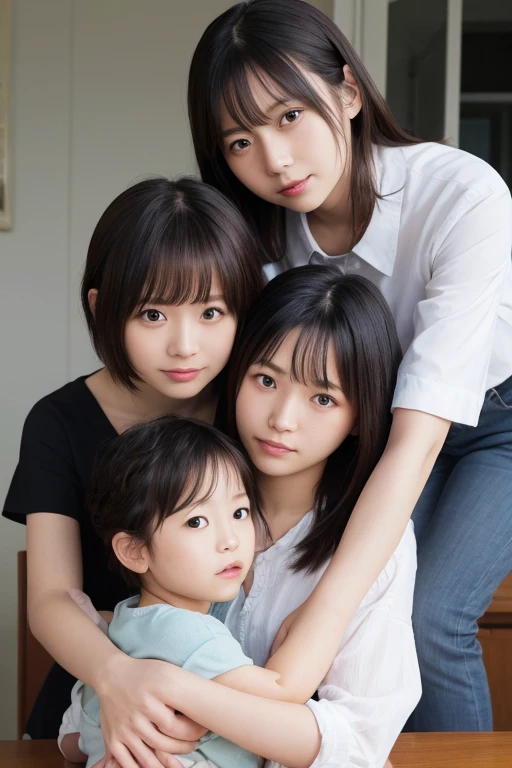 Angle from a distance, 3-year-old twin toddlers in the room, fighting over toys, fighting, hair pulling, mounting style, massaging, extremely beautiful and bewitching mother trying to stop them, light emphasis, fantastic, details emphasis, realistic 32K pixels Anime please.