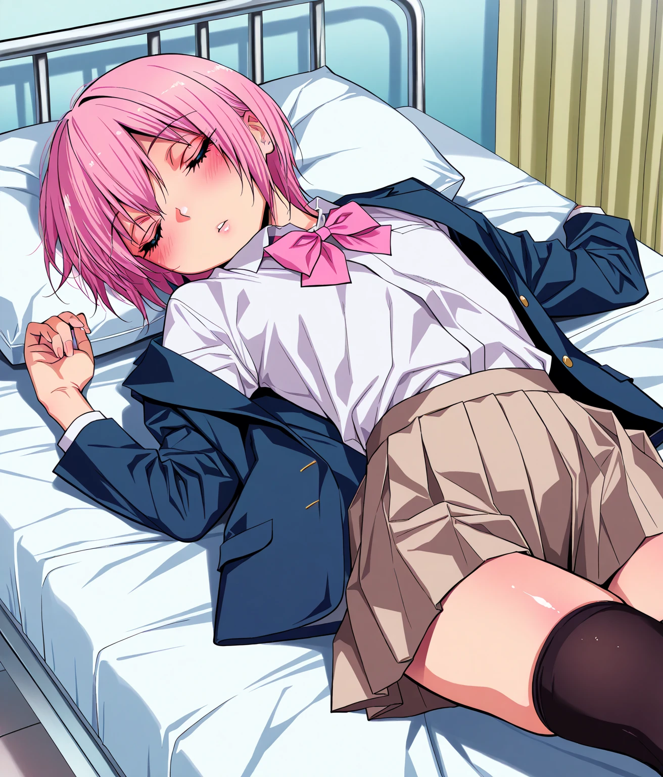 Best Quality, Masterpiece, Boy's Photo, Bed Lying, School Uniform, Little Boy, Royal, (8K, Best Quality, Masterpiece:1.2), Ultra Highres, Intricate Details,
1boy, (beautiful face:1.2), white socks, loafers, Harajuku, punk,loose socks,short hair,leg warmers, solo, bed, (nsfw:1.4), crotch, spreading legs, erection, garter, pink hair, detailed eyes, shy