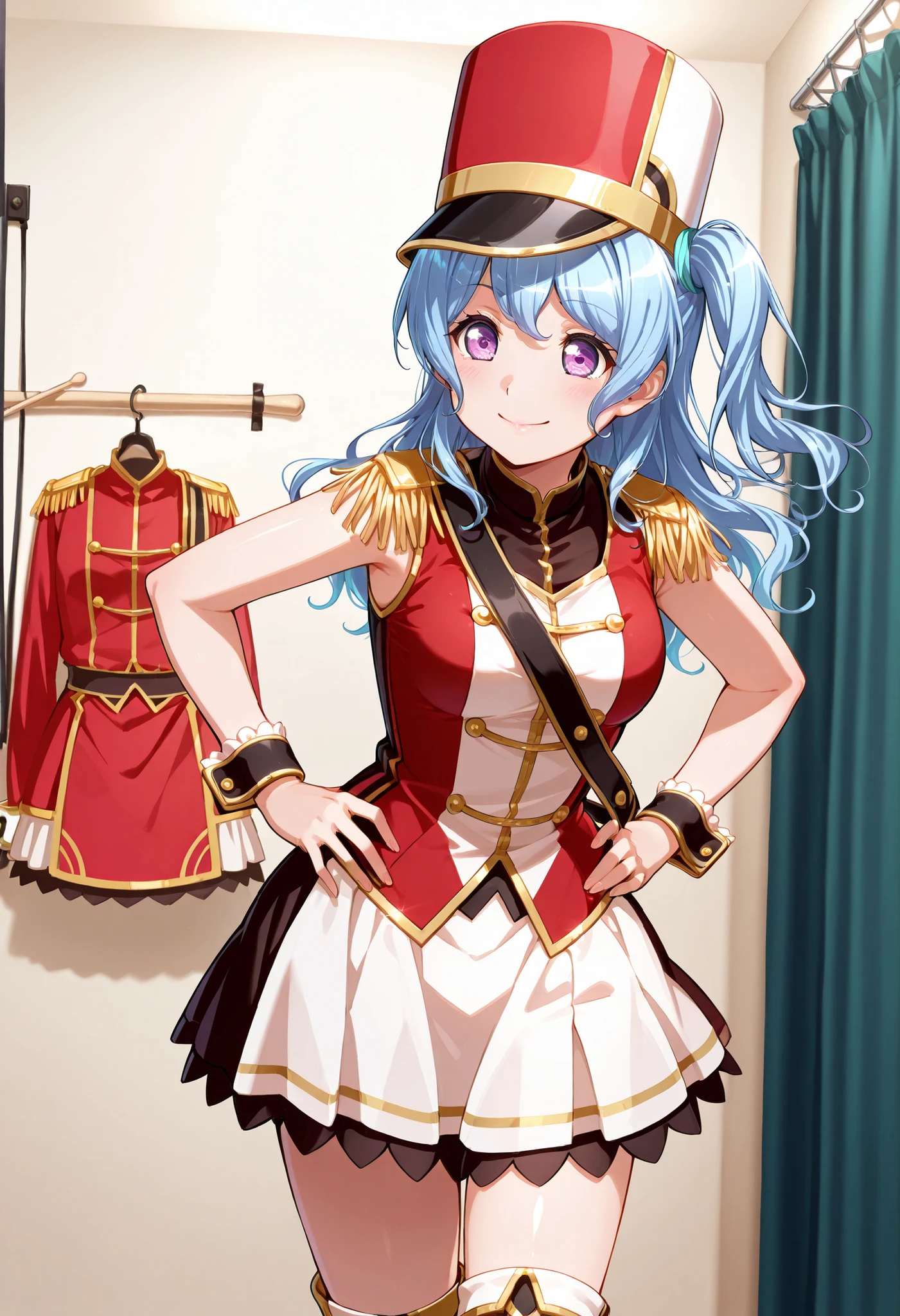 score_9, score_8_up, score_7_up, source_anime,solo, 1girl, Matsubara Kanon,adult style ,long hair, hair between eyes,green hair band,purple eyes, blue hair, light blue hair, one side up, red costume ,kokorohhw, hhw skirt, hhw shako cap, hhw band uniform, hhw wrist cuffs, hhw thigh boots, small breast, rouge lips ,standing ,hand on hips ,drumsticks, ,dressing room ,serious smile, closed mouth