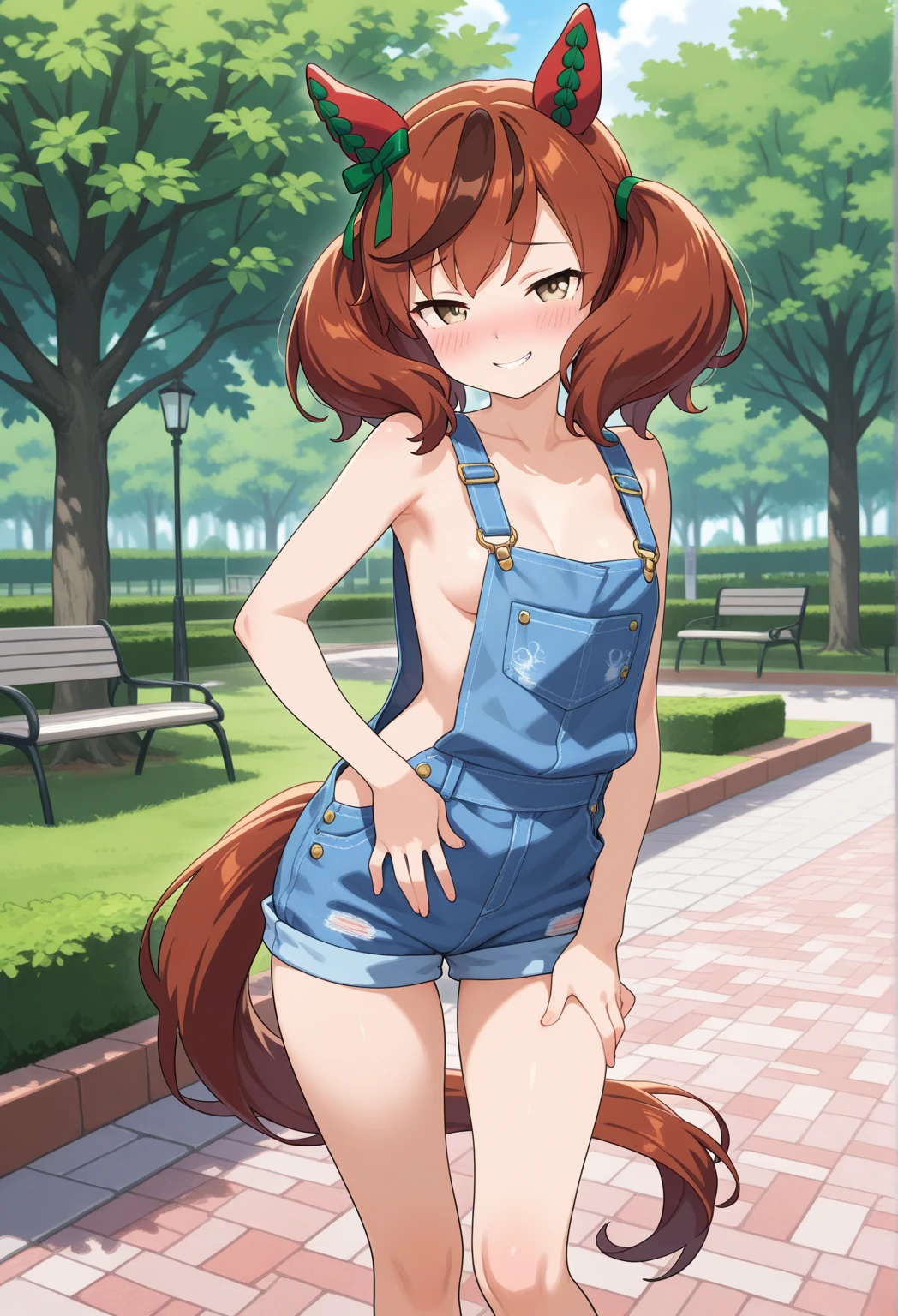 Highest quality,masterpiece, best resolution, nsfw, 1 girl, sailor uniform, topless, flat chest,pink nipple, belly button,outdoor, blush, standing, horse ears, horse tail