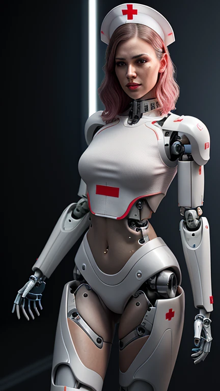 (masterpiece, high resolution, CGI:1.4), (depicting a futuristic cyborg woman with striking pink hair:1.3), (her eyes emanating a mesmerizing blend of green and blue light:1.2), (a combination of human and robotic elements seamlessly integrated throughout her body:1.3), (her arms replaced with sleek, metallic limbs, adorned with intricate circuits and glowing symbols:1.3), (her legs enhanced with bionic enhancements, allowing her to move with grace and precision:1.2), (her skin featuring a seamless blend of organic and synthetic materials, giving her a unique appearance:1.2), (her robotic enhancements designed with meticulous attention to detail, showcasing a balance of aesthetics and functionality:1.2), (the Canon EOS R6 camera used to digitally capture this stunning creation:1.4), (paired with the Canon RF 85mm f/1.2 L USM lens for precise rendering of her features:1.4), (the laboratory environment exuding a sleek and minimalistic design:1.2), (clean white walls and polished metallic surfaces reflecting the futuristic ambiance:1.2), (subtle neon lights casting a soft glow, enhancing the futuristic atmosphere:1.2), (advanced holographic displays showing complex data and schematics:1.2), (the cyborg woman standing confidently amidst the advanced technology, exuding a sense of power and intelligence:1.2), (a captivating and thought-provoking portrayal of the merging of human and machine:1.2).