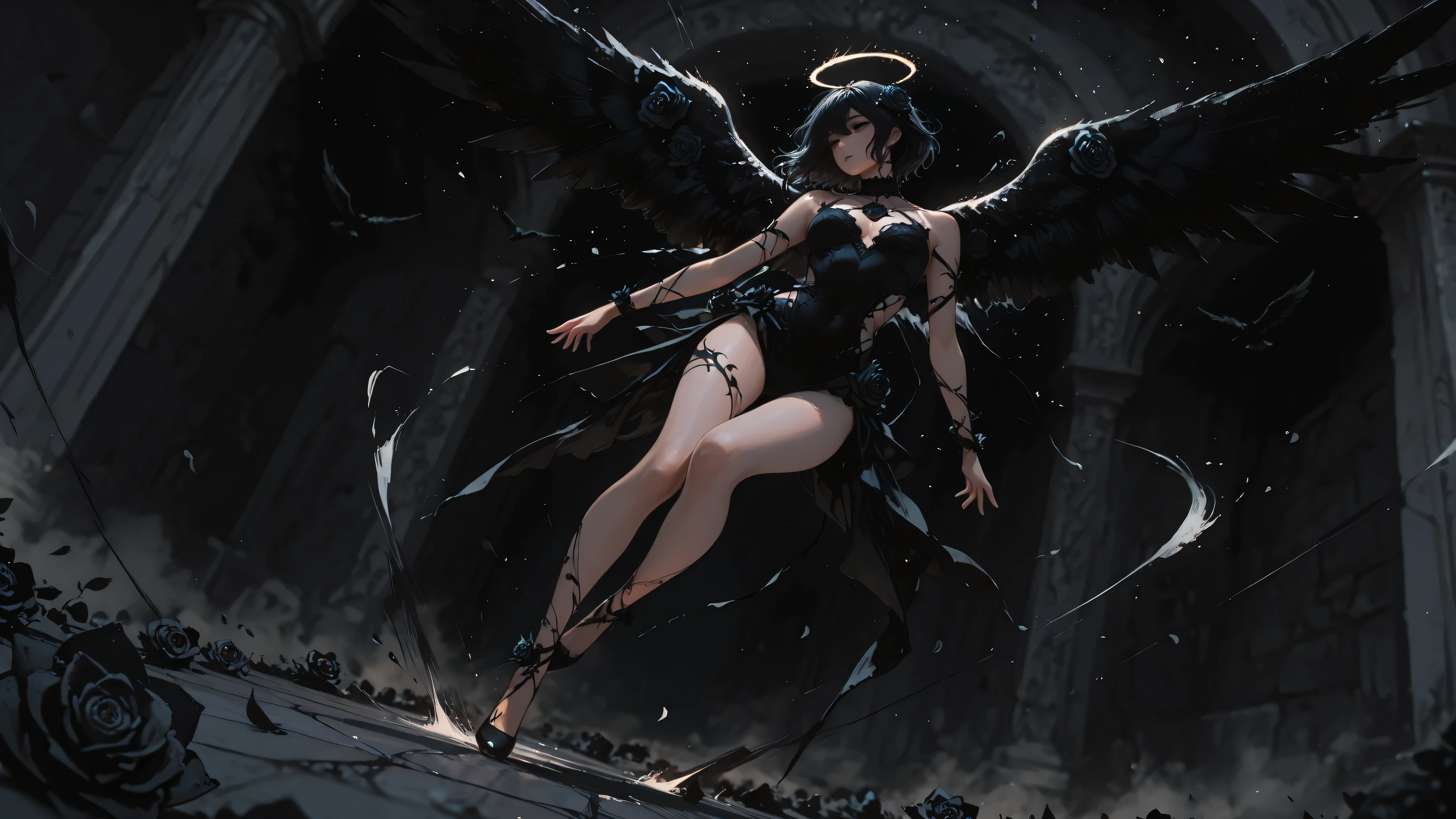 animated wall, cartoon, aesthetics, 8K Wallpaper,  detailed,748cm style,beautiful body, Full Body, Black Rose Angel, Fallen Angel,  floating in the air, dynamic poses, dynamic angle, Depth of field, masterpiece after sex, best quality, Amazing Quality, very aesthetics, 超high resolution, latest, highly  detailed, high resolution.