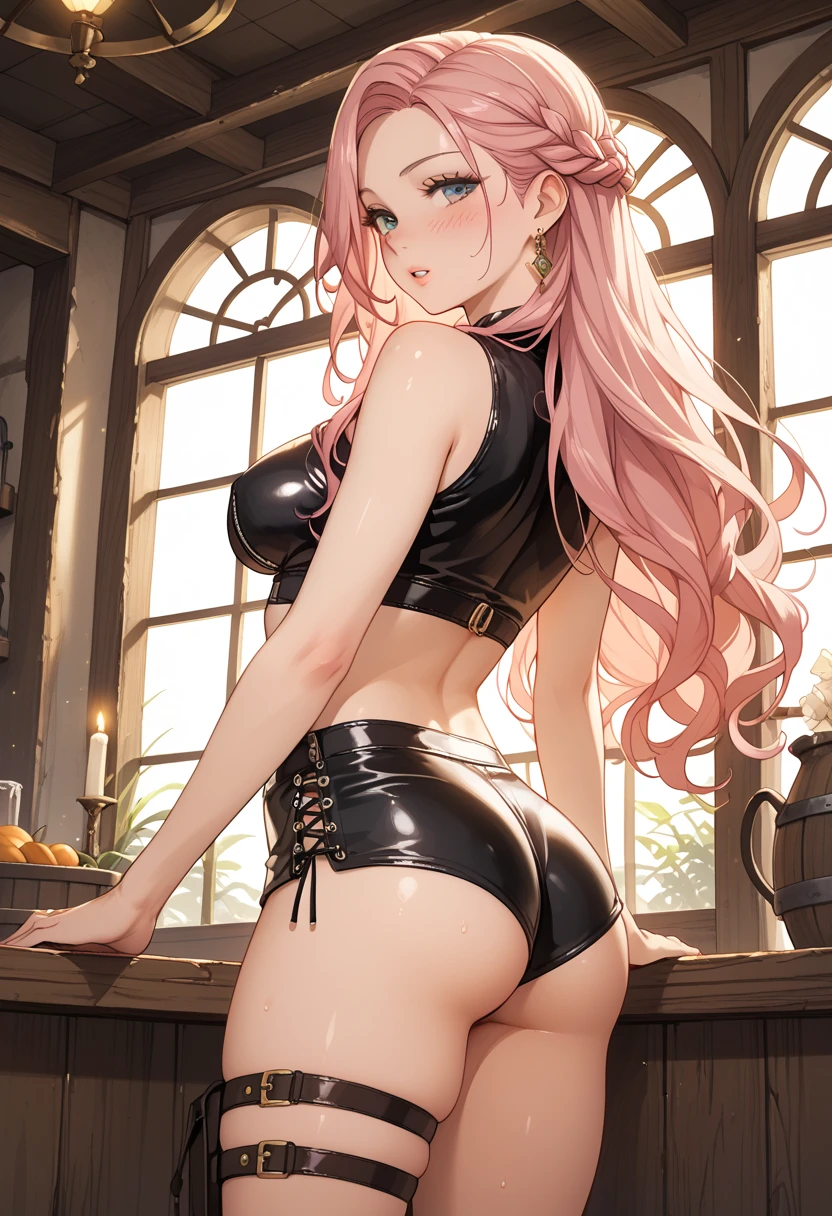 ((top-quality, 8K, masterpiece:1.3)), A detailed eye, (looking at from the front), Look at the camera, ((Everything is sparkling、reflecting light:1.2)), (Best Ratio: 4 fingers, 1 thumb), (portrait), (((Jewelry Bonney from One Piece))), JewelryBonneyV2, half body shot, light smile, 1girl, solo, cute face , long hair, pink hair, hat, ((slim girl, medium breasts, hyperdetailed lips)), red lips, (thighhighs, shorts, suspenders, boots, purple eyes), midriff, crop top, belt, suspender shorts, blushing, (back shot), (((suggestive ass shot))), cute face, (suggestive Lower angle shot),