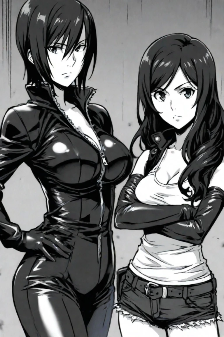 A fierce and unyielding female prisoner, thin and beautifully deathly body, proportional thin body, young but dangerous death gaze, adorned with intricate yakuza tattoos, stands tall in her white top and pants, exposed belly, her piercing gaze daring anyone to challenge her in the dark and foreboding cell, ruthless and implacable, Sharp and dramatic, (bluish dark contrast), HD,, Side look, yakuza anime