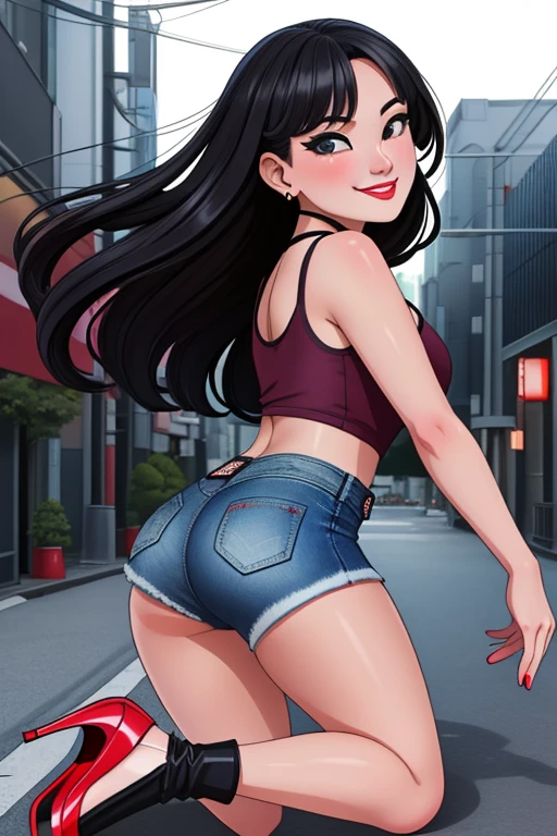 Best Quality, Masterpiece:1.2), (Fine Face:1.2), (Highest quality:1.2), (Seductive Grin:1.2), (Back shot:1.3), (Looking at viewer:1.2), (detailed woman), from behind, looking at the viewer, looking back, Taiwanese woman, long black hair, With bangs,1 female in, 28 years-old, Beautiful face, smiling, teeth, pale skin, ((Tight Denim Shorts, Black tight tank top, black high-heel shoes)), ass gonzo, butt sticking out,walking down the city streets
