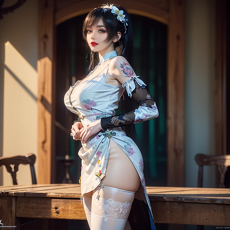 short cut , smile , traditional Chinese dress ,ponytail , huge breasts