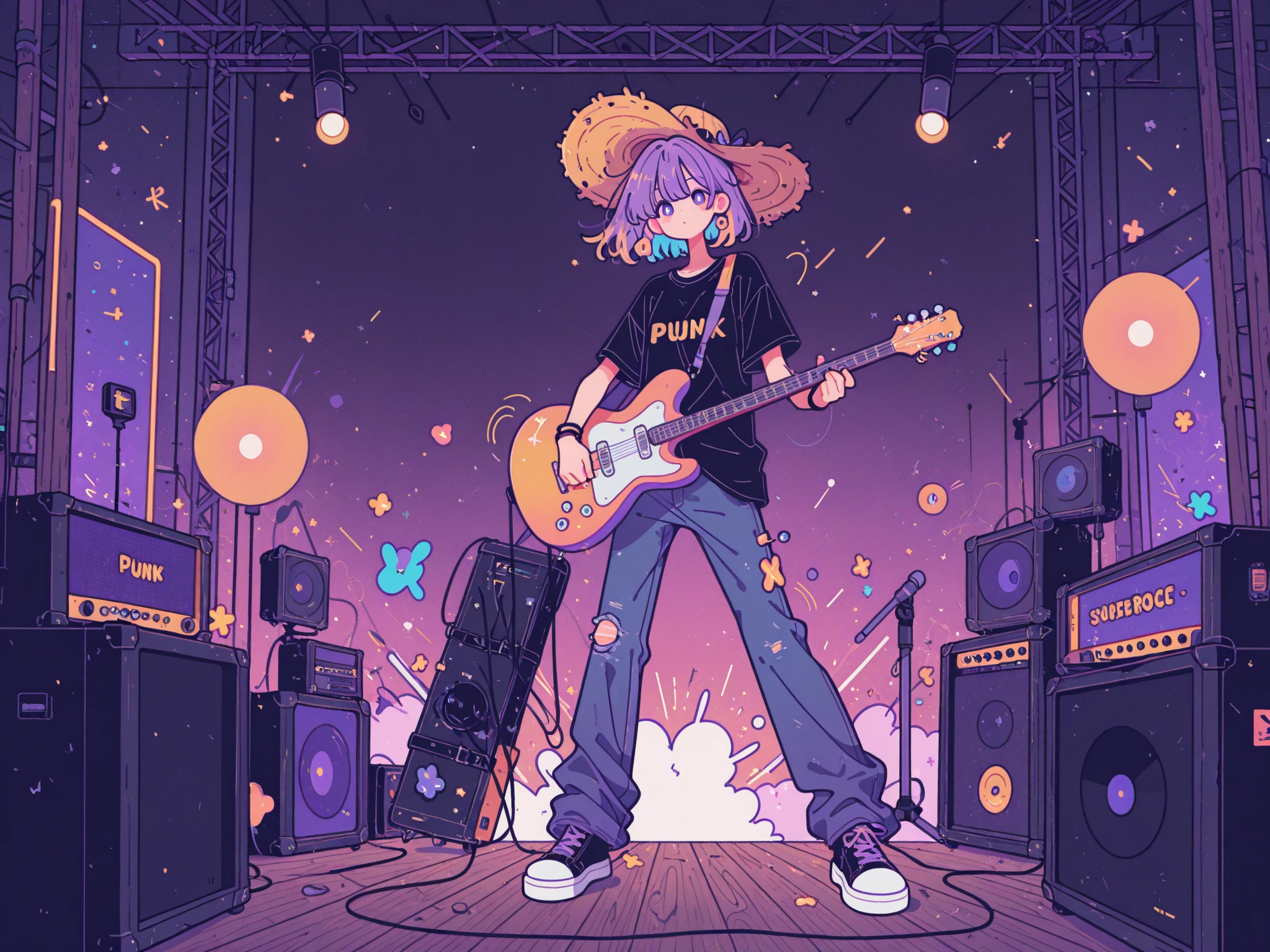 anime girl with guitar in a messy room with a tv, 8 0 s anime vibe, in the art style of 8 0 s anime, Improvise music, 8 0 s anime style, 8 0 s anime art style, rocking out, low res, 90's anime style, 9 0 s anime style, anime vibes, Double ponytail blast-headed girl, ear studs, Punk girl, messy rooms