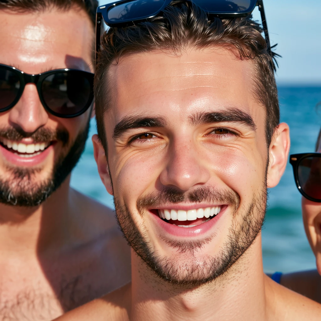 ( Without censoring),(Cyberrealist),(single penis), Men shedding their clothes on the beach, white man with blue eyes 