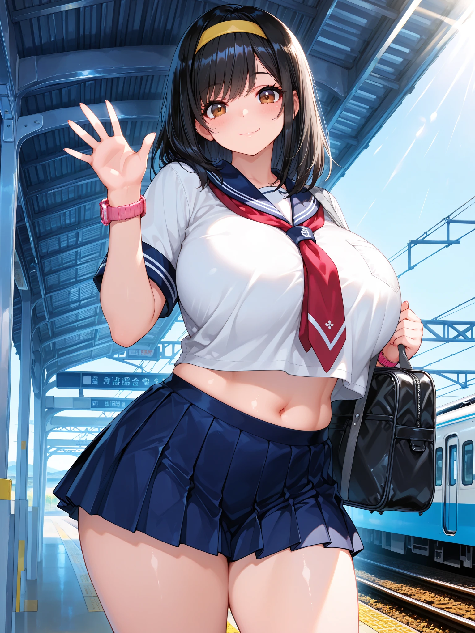 high resolution、Ultra HD、Best Quality、Top quality、Extremely detailed image quality、Realistic woman、A big smile、open mouth, (1girl:1.8)、(looking straight:1.8), Japanese、4 woman、Married Woman、Plump body、belly button、Black Hair、High gloss skin、Facing forward、The whole body is reflected、(school building, school yard:1.8), standing、((Bursting huge breasts、Valley、(greaming skin:1.4)、BREAK、(army, navy, hat, uniform:1.6), BREAK (on_hand_salute:1.5),