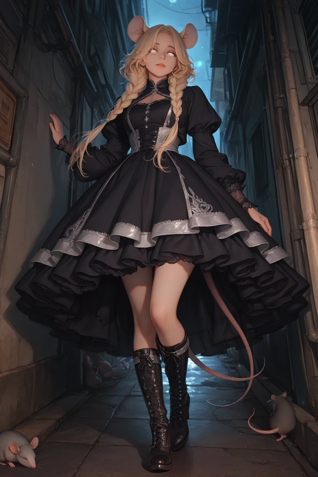 top-quality、high-detail、Realist painting、fully body photo、heroic fantasy、steampunc、Dynamic dynamism、epicd、Leyendecker's style、Aqua Garden、1 Nordic beautiful girl、Smirking expression、Pretty small face、Light makeup、Cat ears on the head、Platinum blonde short hair、Medium chest、big butts、alchemist、Holding a magic wand in both hands、Gothic dress with long sleeves、long skirt、Black stockings、Leather shoes、colorful corals、Rocky reefs、sea weed、Wreckage of a flying sailing ship、thirds rule