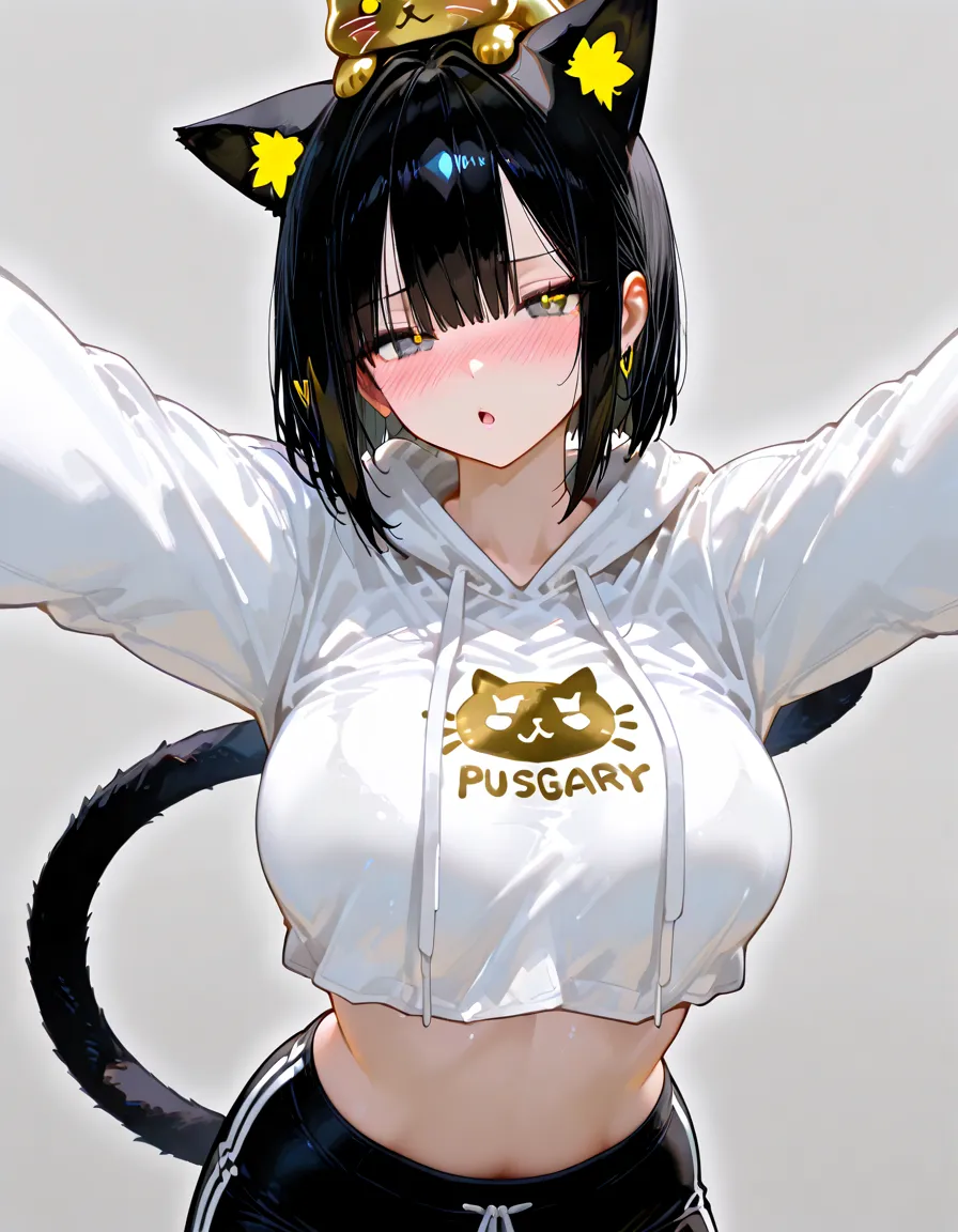 （（（1girll））），Cat ears，cabelos preto e longos，vests，jaket，cowboy lens，eye glass，medium boob，yellow backdrop，with her mouth open，Be red in the face，
