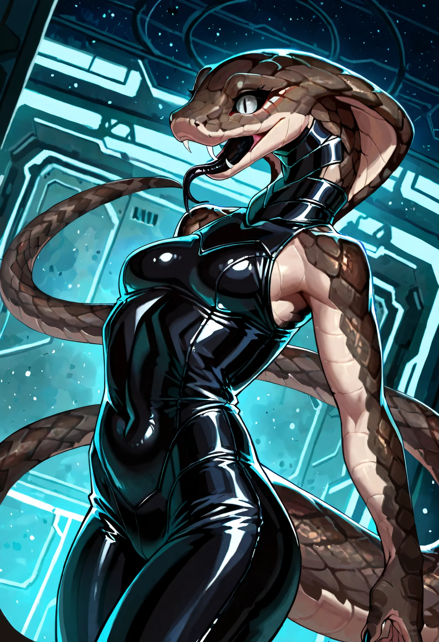 1girl:1.2 , anthro girl, [anthro snake: claws,\(vader-san\), s3thrak, Snake girl, slim body+, two-tone body, black body grey marking, grey ventral scales, black sclera, grey-eyes+, slit pupils+, black tongue, detailed scales, medium/small breasts, natural breasts, feral reptile hind pows, 4 tous, 5 fingers, solo]:1.5, [catsuit: tight clothing, sleeveless, black neck entry catsuit+, tight futurist alien black armor+]:1.3, [spaceship background, indoor, futurist spaceship, space background, masterpiece, best quality, amazing quality, very aesthetic, absurdres], newest, BREAK cowboy_shot, cinematic angle, [side view, dynamic angle, curvy, voluptuous]:1.2, front view, [showing mouth wide open]:1.3, [linning forwerd+, seducing, charming, teasing, open mouth, thin snake fangs, tongue out++]:1.4 ,Expressiveh