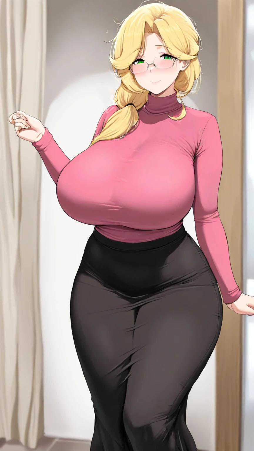 Senju Tsunade, ((Bimbo))), Long Blond Hair, cute smile face, Puffy lips, Painted lips, thick lips, wide hips, thick thighs, Huge ass, The face of craving desire , cleavage, mature mom, standing at desk, teasing, tight pencil skirt, guy is groping her ass, guy is grabbing her ass, ass being squeezed, view from side