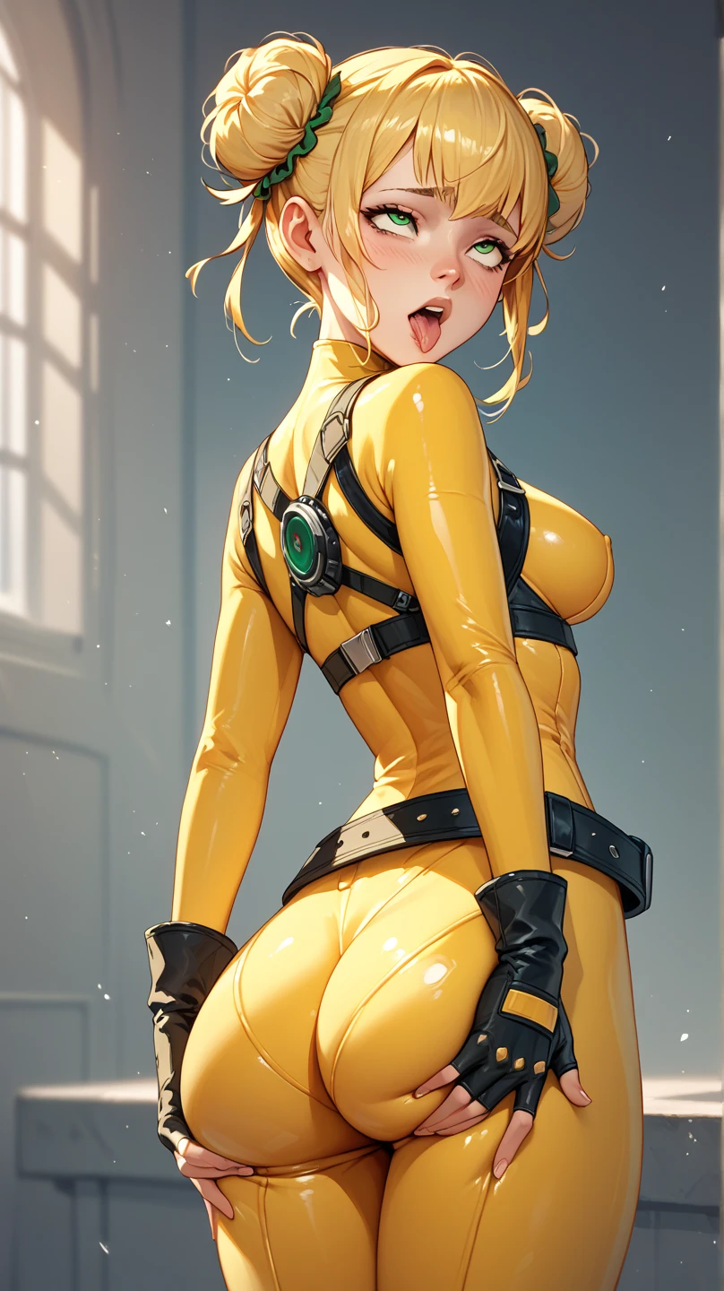 (best quality,8k:1.2,high resolution:1.2),ultra-detalhado,Realistic,retro science fiction female superhero,blonde short hair,rosto extremamente detalhados,long eyelashes,all sheer rose Collant de nylon Apertado,all rose orange pantyhose,rose latex gloves, rose Glossy plastic accessories,Physically-based rendering,foco nítido,studio lighting