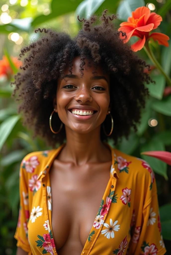 A Brazilian woman in a lush tropical garden, wearing an open shirt with a floral print, with a close-up capturing the harmonious beauty between her breasts and the natural flowers, showing off your natural charm and outgoing personality.