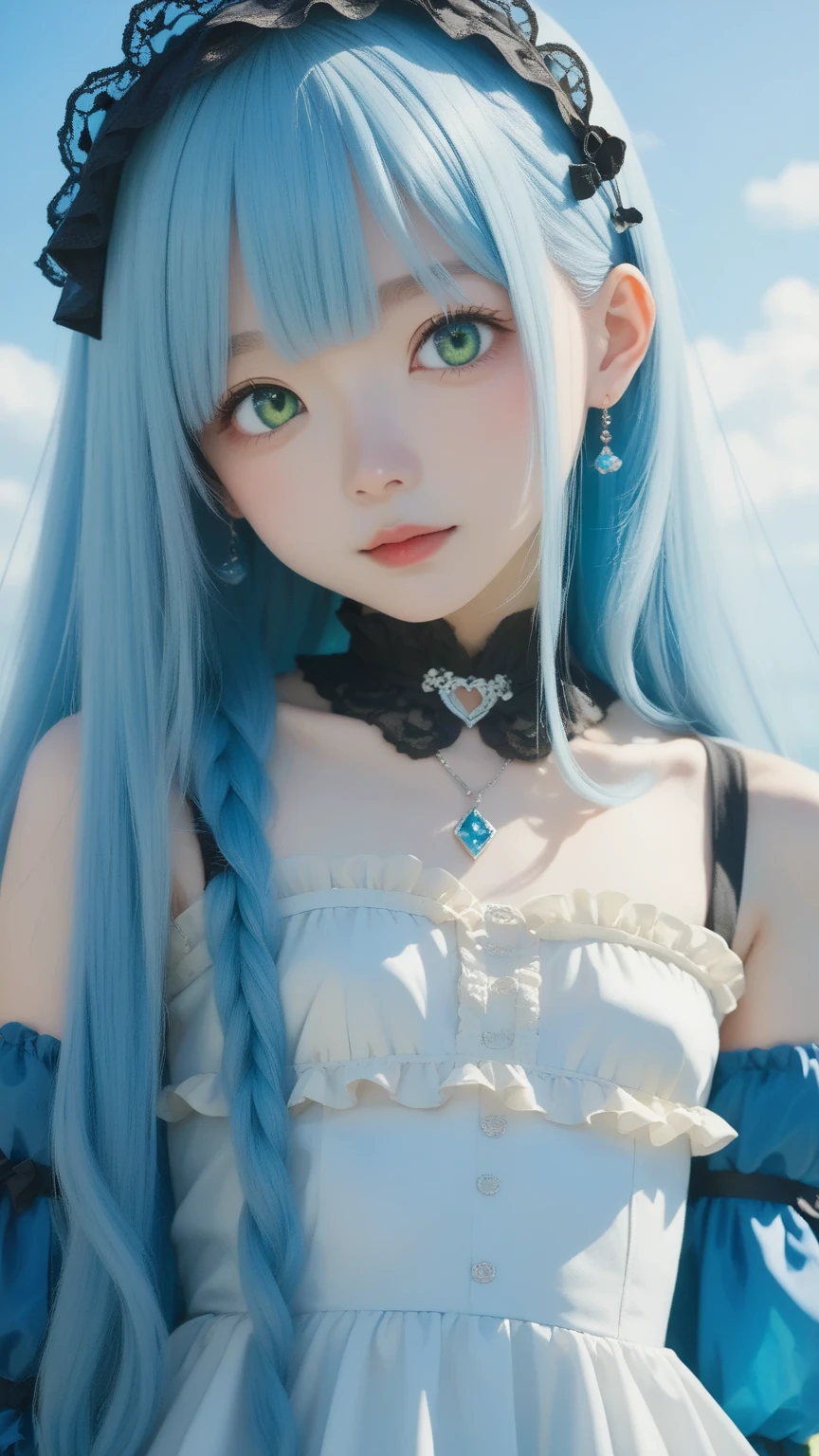 woman, mature,It has a very colorful and striking kawaii gothic style, outdoors, colored hair, pastel, masterpiece, beautiful, lush hair, gothic makeup, bright blue eyes