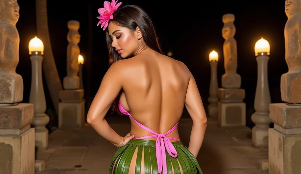 Photorealistic, masterpiece, 18 yo beautyful green haired latina in white lingerie, walking in the garden of a 18th century mediterrean mansion, touching some roses, 8k, uhd, mansion and garden in background, detailed face, body and teeth with kind smile, mezmerizing eyes, photo from behind