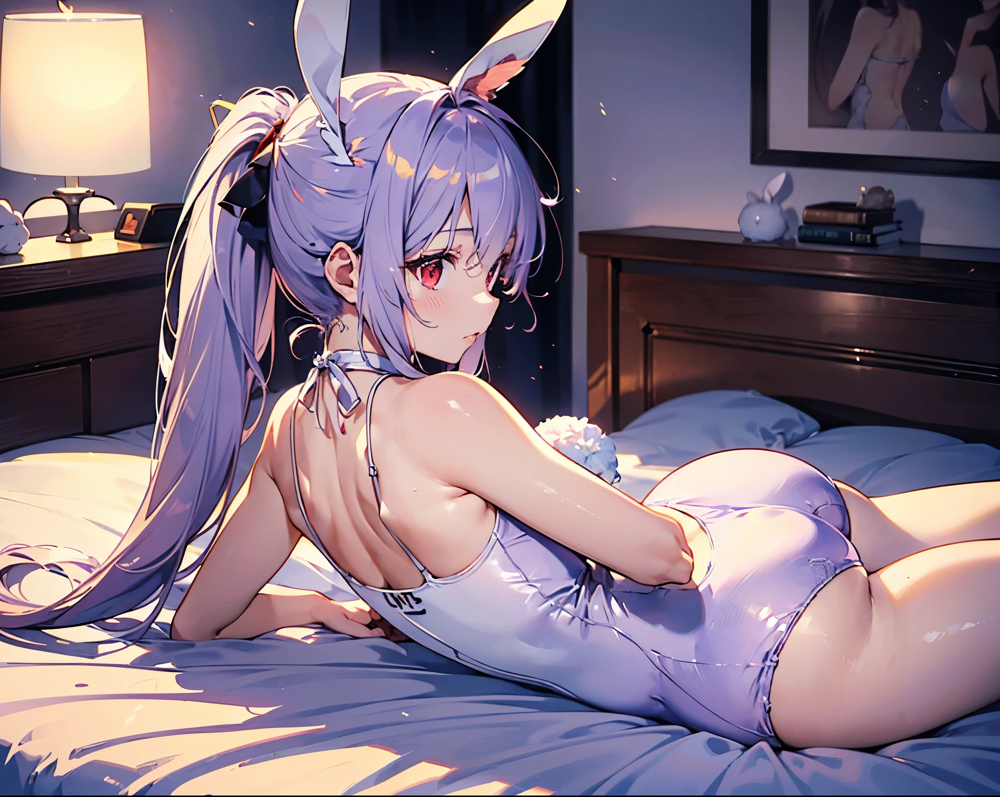 masterpiece, Top quality, Ultra high definition, Maximum resolution, Very detailed, Clean skin, Anime, Flipping panties with hands, Flipping bra with hands, Pulling clothes with hands, Full body, Nude, Slender, Very cute, Young face, 13 year old girl, Red eyes, Semi-long hair, Silver hair, Braided hair, Lying down, Wide open legs, Raised legs, Flipping clothes with hands, Twisting clothes with hands, White costume, rabbit ears, bunny girl, semi-undressed, wet clothes, wet body, thin-skinned clothes, clothes with visible tips of breasts, sweat, breasts protruding from clothes, clothes with sheer tummy, under breasts, embarrassing, blush, show off, cleavage, crotch shows through, areola see-through, pubic area open, open, pubic area visible, vaginal launch, minora, penetration, white liquid, with two men