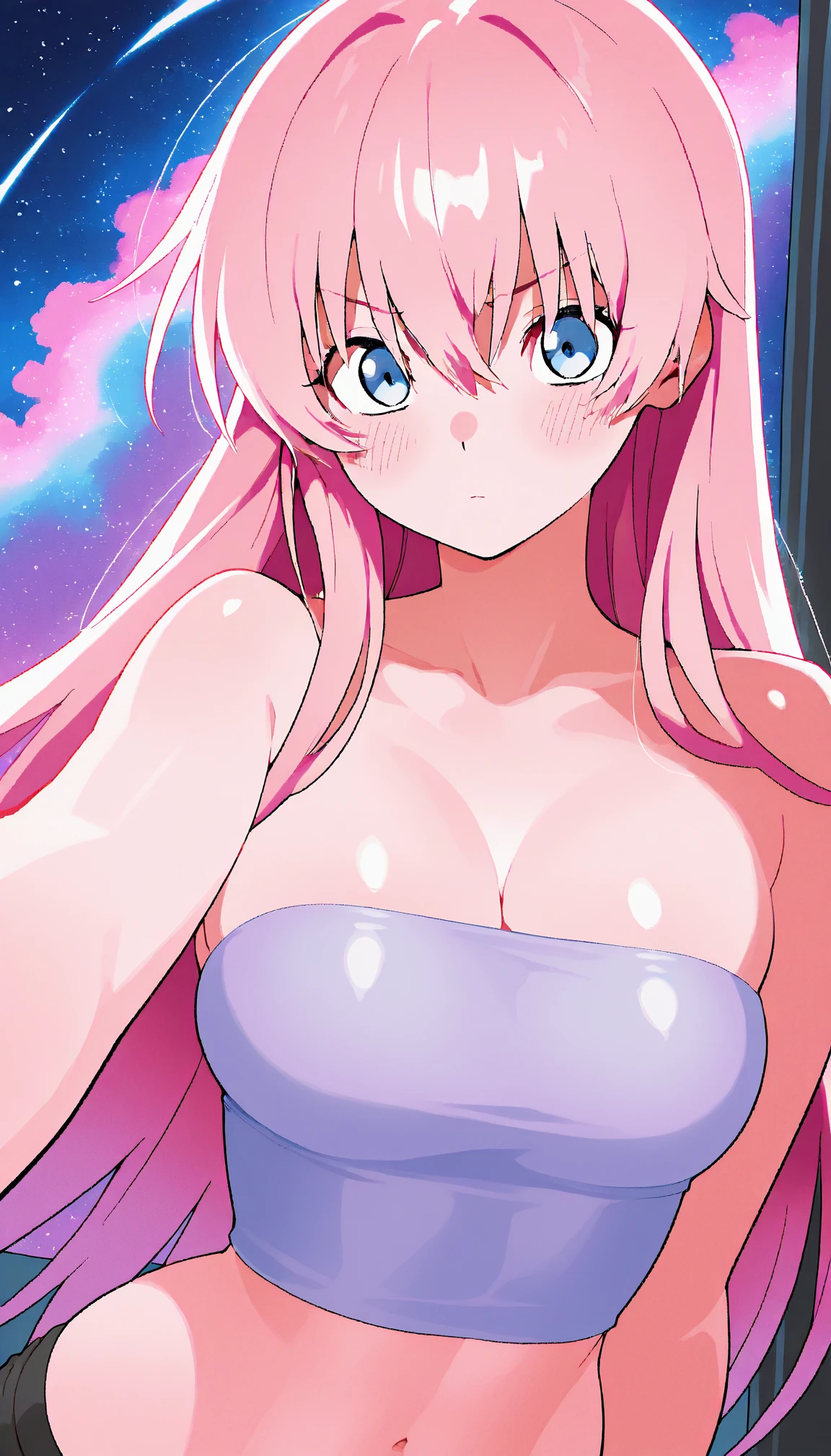 {{masterpiece}},{Detailed and beautiful depiction},Official Art,Beautiful adult woman,Megurine Luka,Pink long hair,blue eyes,Big Breasts,((Draw only the upper body up close)),(School Swimsuit),(Put your penis between your breasts:1.0),(Titty fuck）,Put your hands together,Semen on my chest,{{Erotic Seduction:2.0}},{Embarrassed facial expression},Dynamic Pose,bedroom