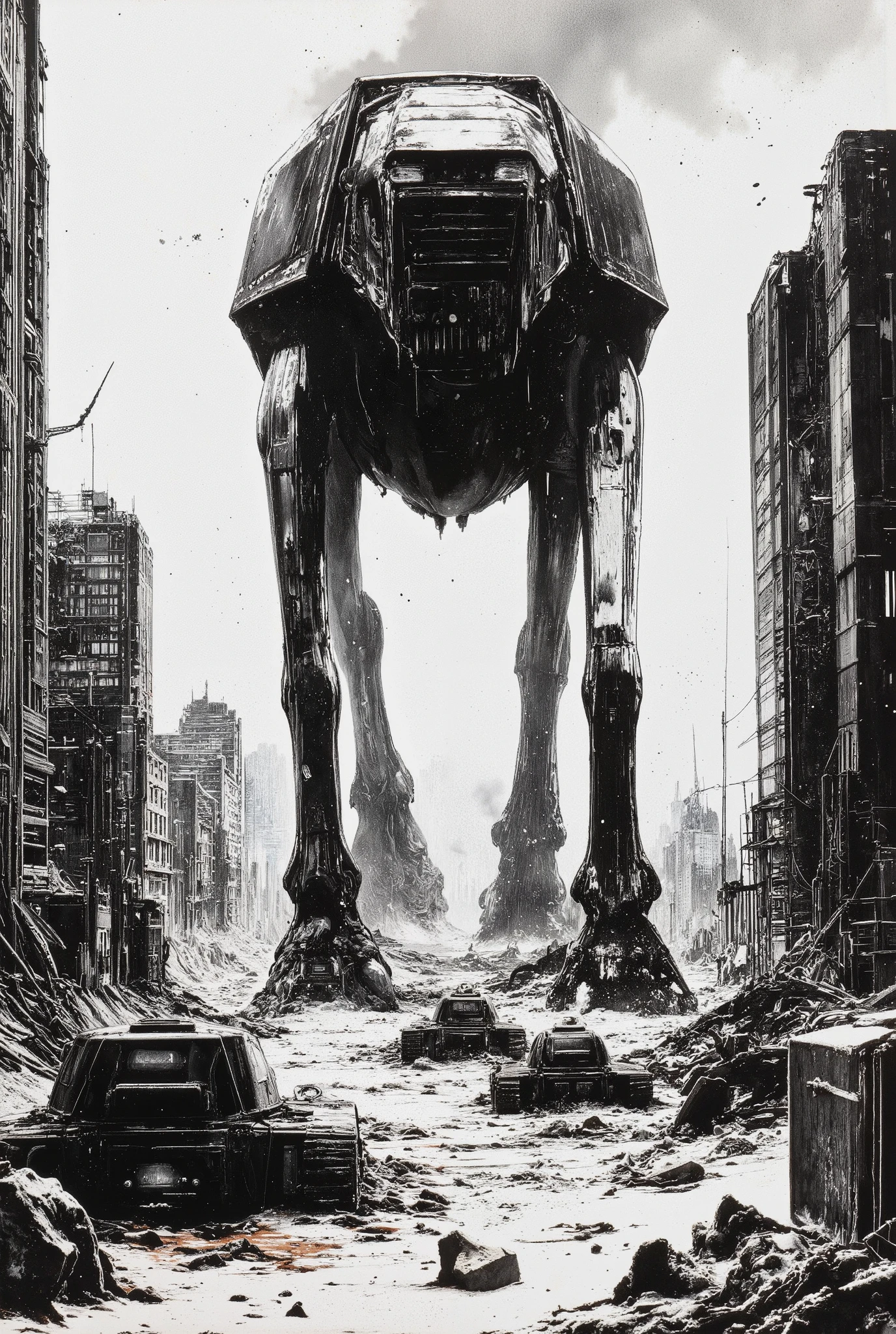 A brutally raw, black and white high-contrast WWII documentary photograph—crushed blacks, blown-out whites, and riddled with imperfections—depicting silhouette of a nightmarish AT-AT Walker emerging from the blizzard-choked ruins of Stalingrad. The image is deliberately degraded: deep scratches, emulsion tears, and frost-like chemical burns crawl across the frame, as if salvaged from a frozen corpse’s camera. The foreground is a wasteland of shattered Soviet apartment blocks, charred tank husks (T-34s or Panzer IIIs), and twisted rebar jutting from snowdrifts. The AT-AT silhouette is a monstrous, half-seen shape in the blizzard—only its angular legs and shadowed underbelly are visible, backlit by the hellish glow of burning oil drums and distant artillery flares. The photo’s texture mimics cheap Soviet wartime film: extreme grain, uneven development (patchy grays), and a cyanotic tint from cold damage. Smears in one corner; the other bears a stamped Cyrillic inscription, partly torn away (‘...ОСТАНОВИТЬ НЕВОЗМОЖНО’). Snow streaks sideways across the lens.