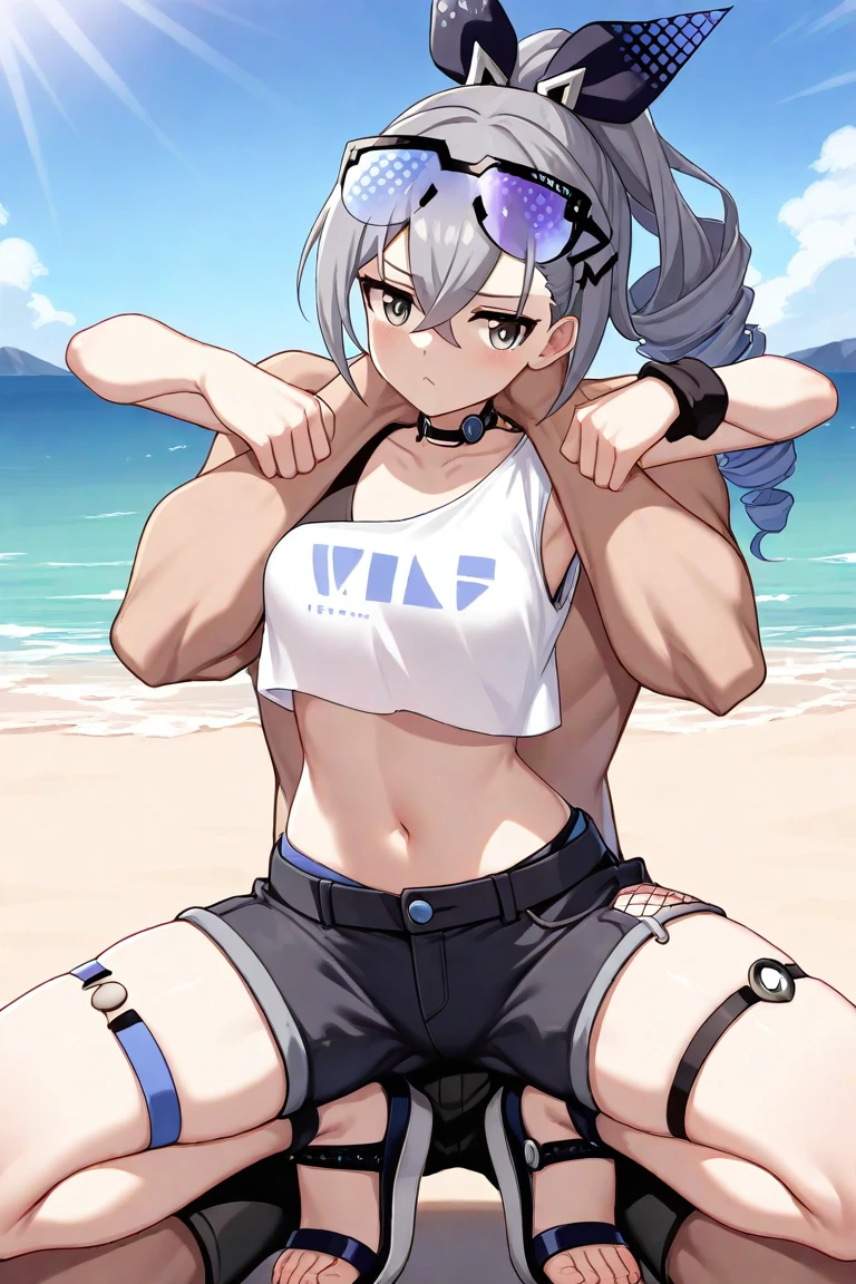 ((masterpiece)),((best quality)),(ultra-detailed),(an extremely delicate and beautiful),detailed backgroud, ((((1woman,tall stature)))and(((1muscular boy,tall stature)))),((((hetero)))),(height difference),(((wrestling ring))), (1woman),((((silver wolf/(Honkai:star rail/)))),(curvy:1.4),(huge breasts), pale skin,shiny skin, long hair,ponytail ,drill hair,hair between eyes, eyewear on head, navel, midriff,((She wears jacket, black jacket, sunglasses, gloves, black gloves, fingerless gloves, shorts,black shorts, shirt, white shirt, choker, crop top, fur trim)),(rolling eyes:1.4),(ahegao),(trembling),clothing aside, ((((hug from behind)))), sex from behind, standing sex, vulgarity, clothed,(cum in pussy:1.4),cum on clothes,cum on breasts,cum in mouth,cum on hair,(excessive cum:1.4), ((((1muscular boy)))),large penis,dark-skinned muscular boy,interracial,