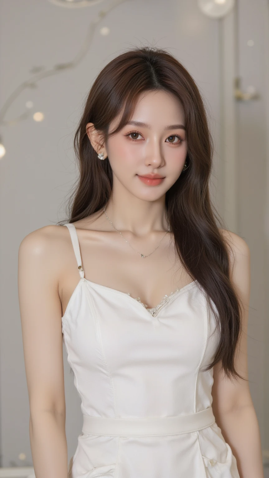 best quality,8k, Detailed facial depictions, Detailed eye description, Brown hair(long wavyhair),beautiful korean girl, 21 years old, naked, proportional body, white natural skin,medium breast size, Sitting with your legs apart, Smiling face, Colorful earrings, necklace,