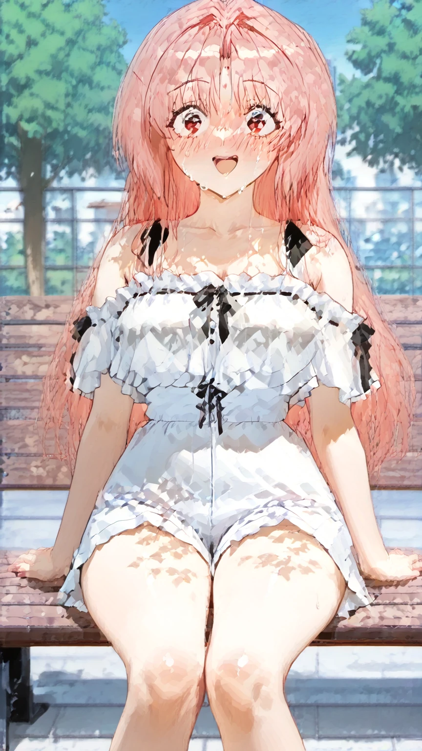 masterpiece, best quality, nsfw,
1girl, view from below,
(lift up the white dress:1.4), white dress, (white panties:1.5), straw hat, red hair, embarrassed face,
grassland,